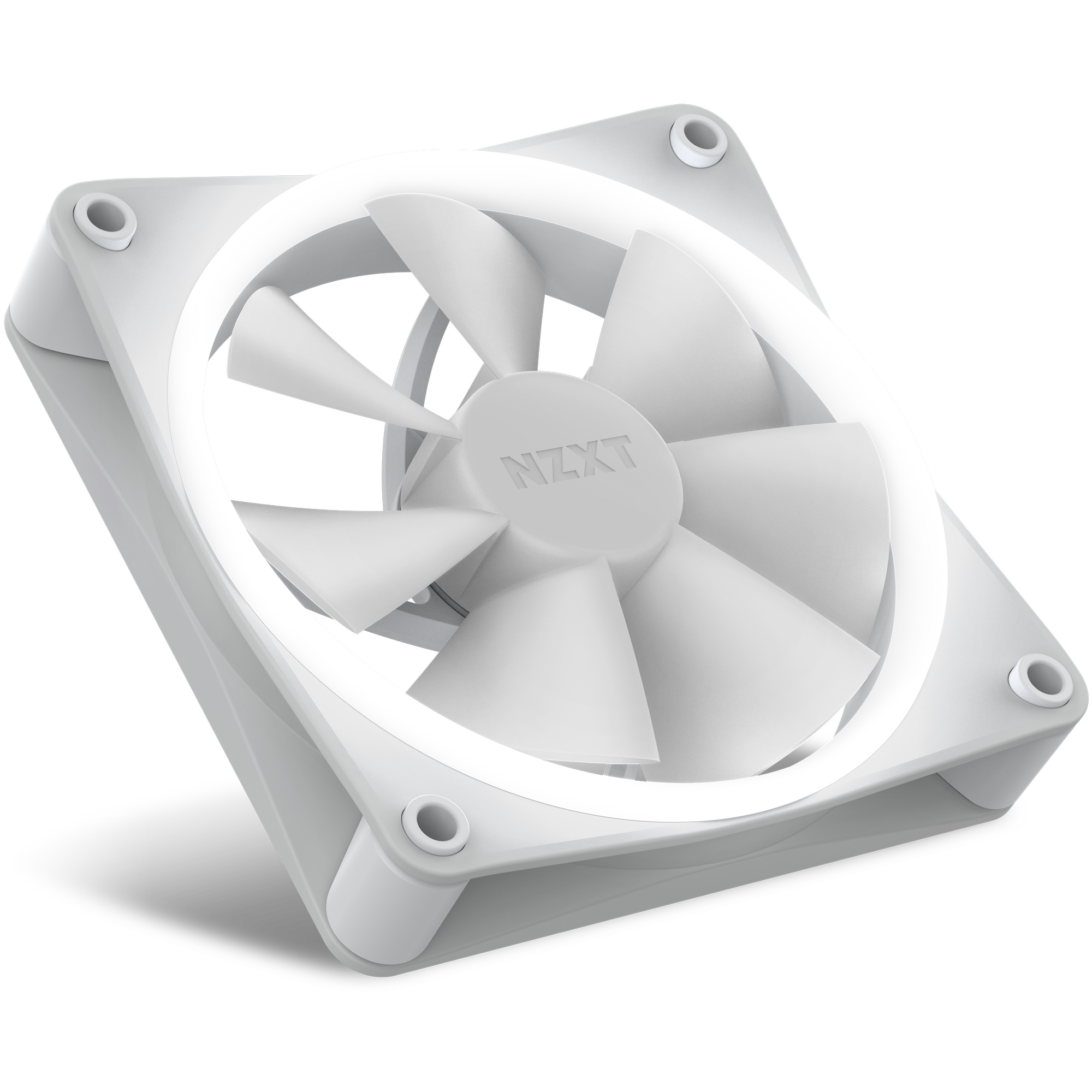 The NZXT F120 RGB is a white computer case fan with a circular LED light ring, seven blades, and a square frame. Shown against a black background, it features Fluid Dynamic Bearing for quiet performance.