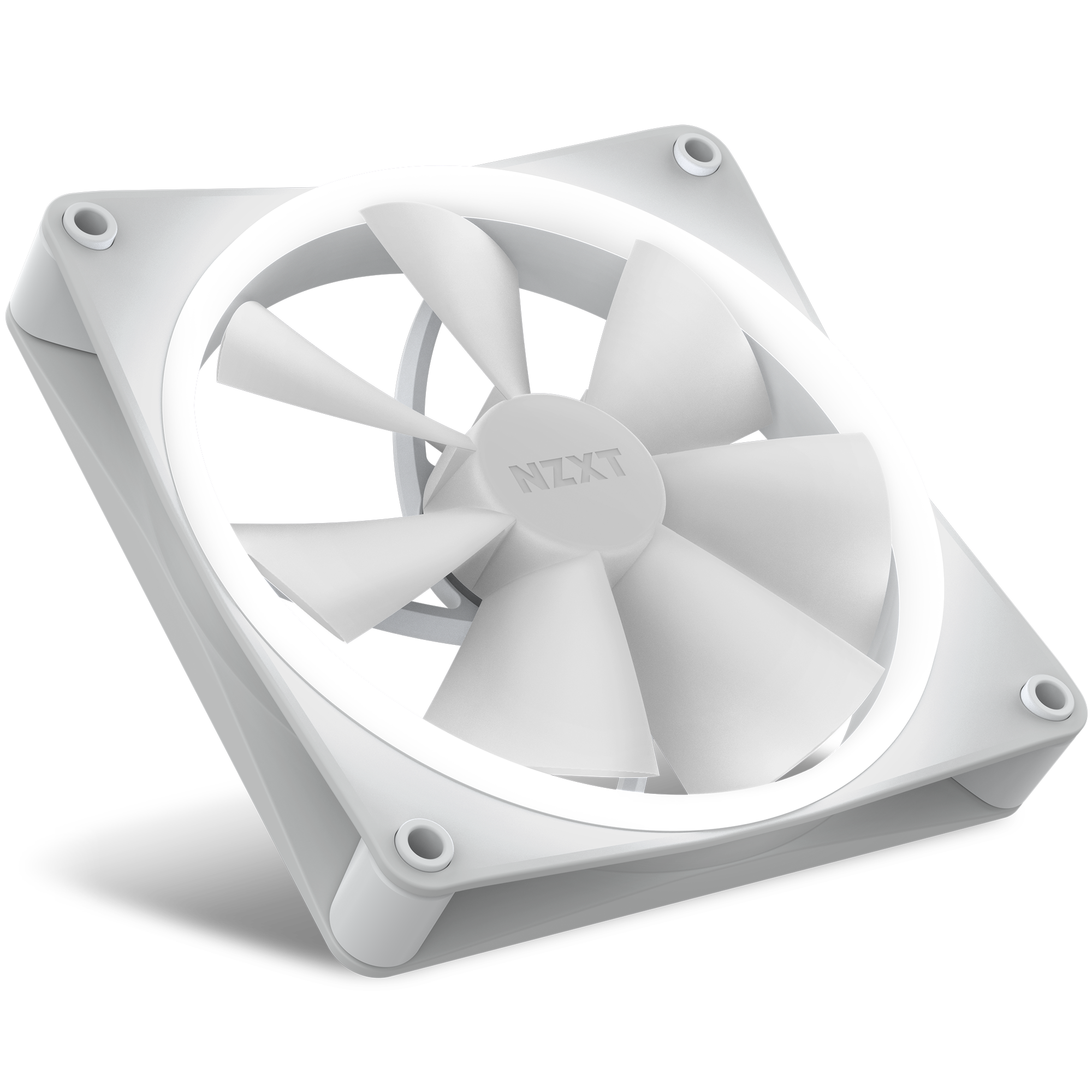 The NZXT F140 RGB is a white, square computer cooling fan with a circular LED light ring along the inner frame and NZXT branding on the hub. This high airflow RGB fan is compatible with NZXT CAM and is shown angled against a black background.