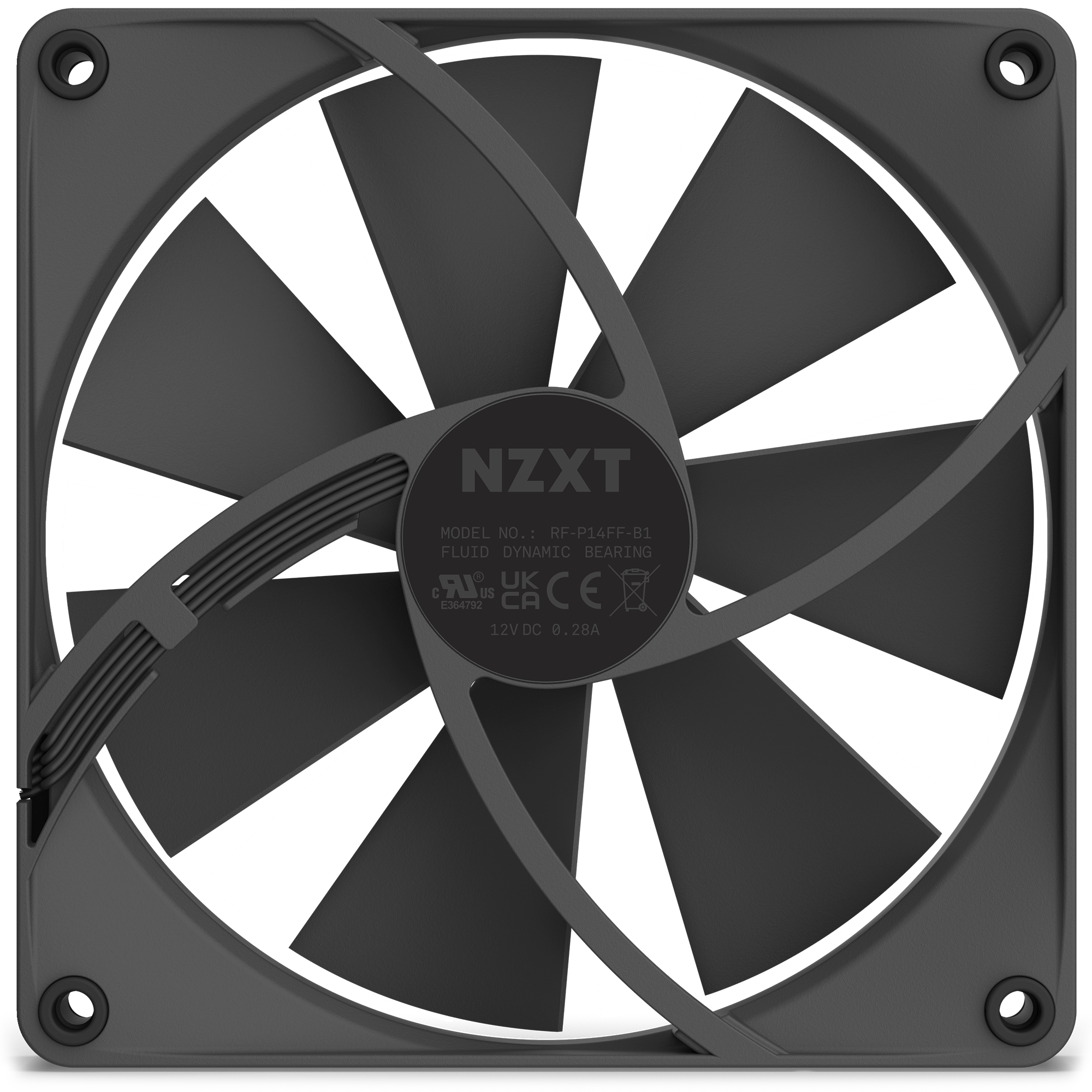 A close-up of the NZXT F140P (2022) black cooling fan shows its angled blades, square frame, static pressure design, corner mounting holes, and a central label with specs.