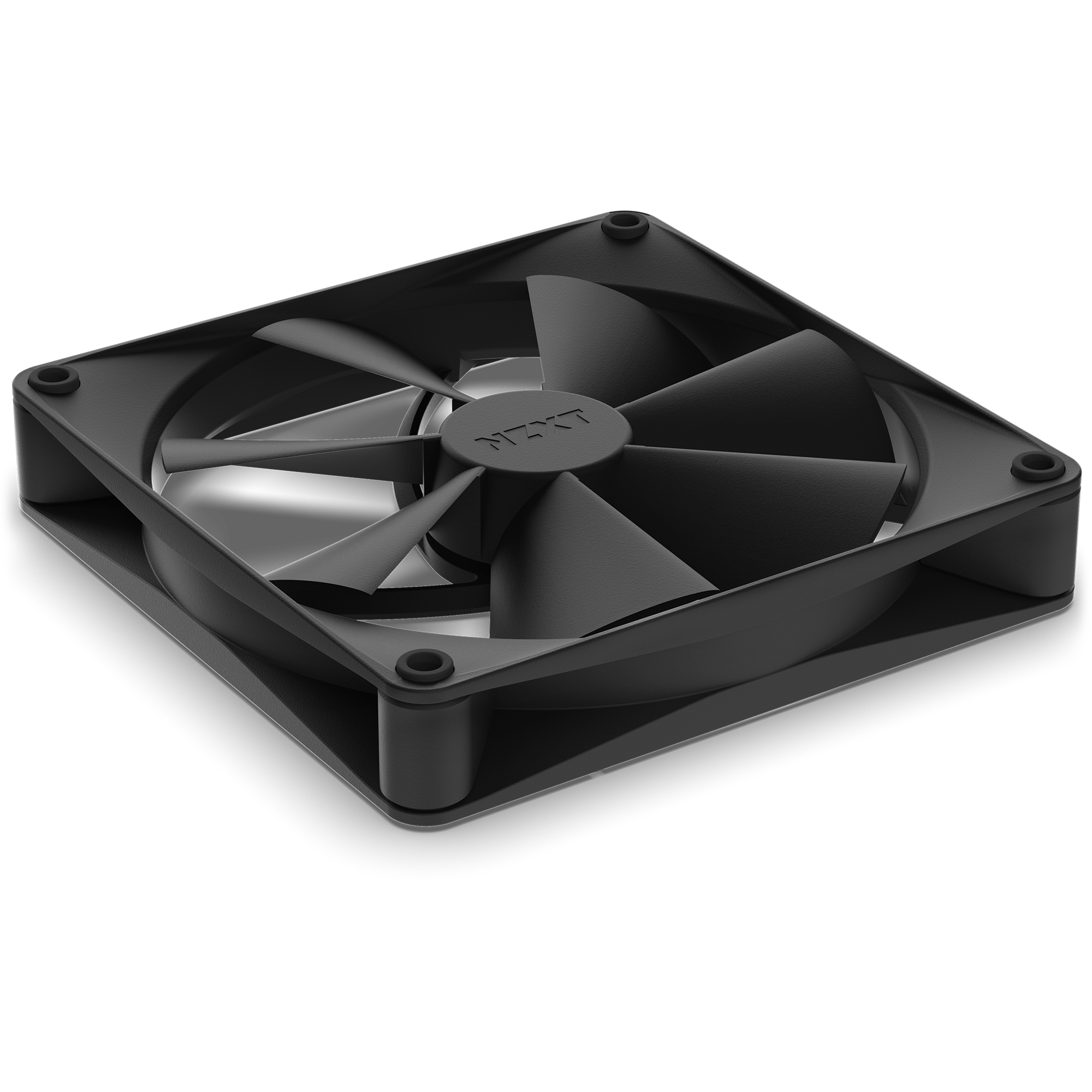 The NZXT F140P (2022) is a black computer cooling fan featuring seven blades and four screw holes in a square frame with rounded corners, shown angled against a white background.