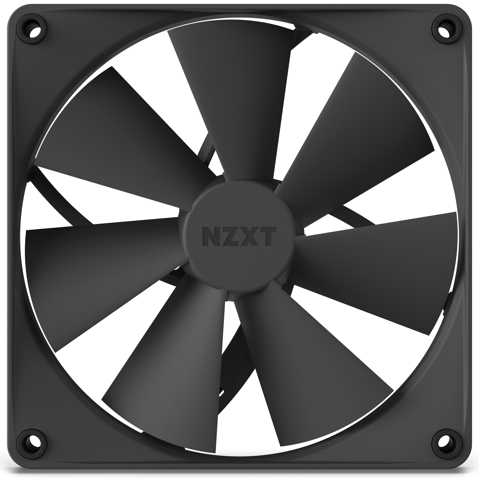 The NZXT F140P (2022) is a black cooling fan with seven blades and high static pressure in a square frame. The front view shows the “NZXT” logo at the center hub.