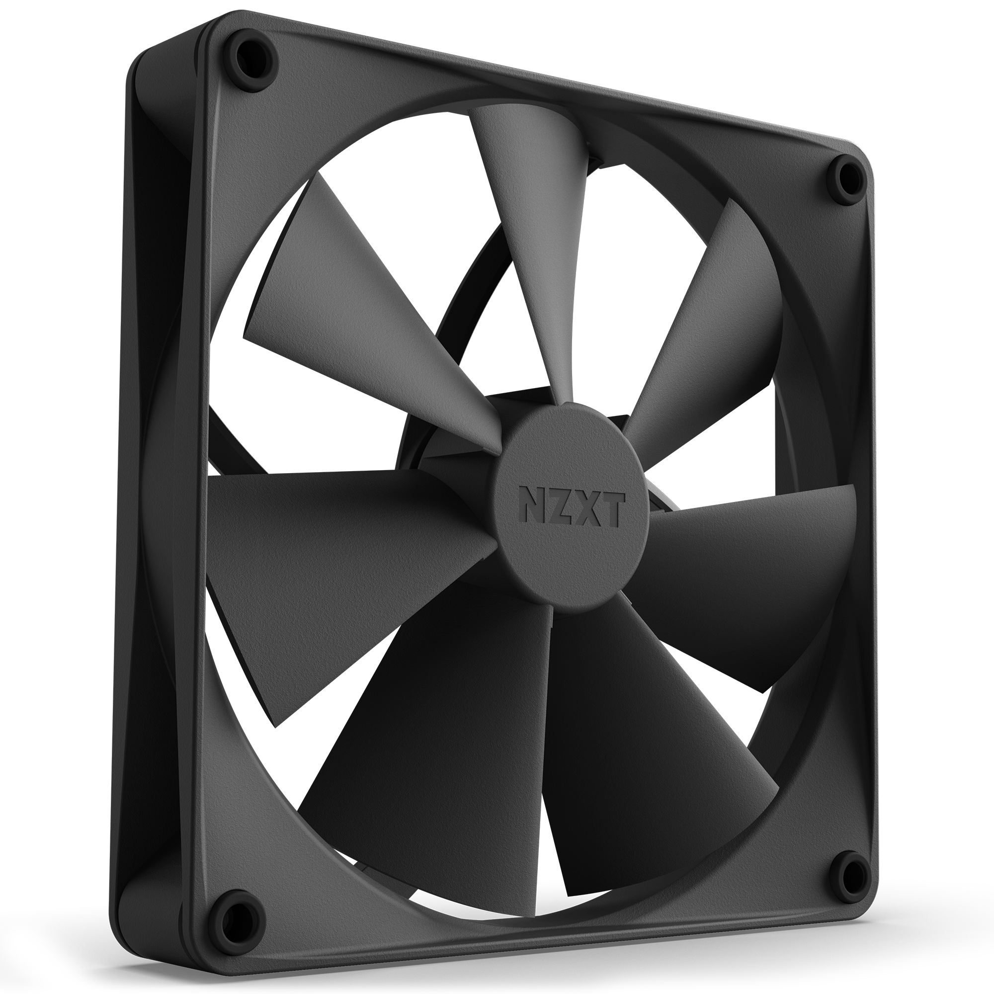 The NZXT F140P (2022) is a black computer cooling fan with seven blades for optimal static pressure, housed in a square frame with corner screw holes. It’s shown from an angle highlighting its front and side profile.