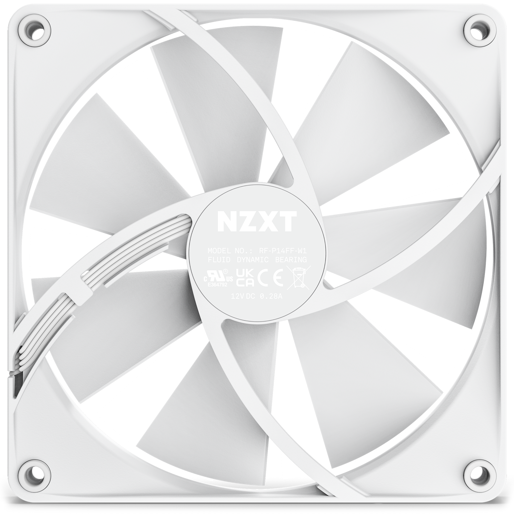 A white NZXT F140P (2022) cooling fan viewed from the front, featuring blades, a branded central hub, cables on the left, a square mounting frame, and engineered for optimal static pressure and cooling performance.