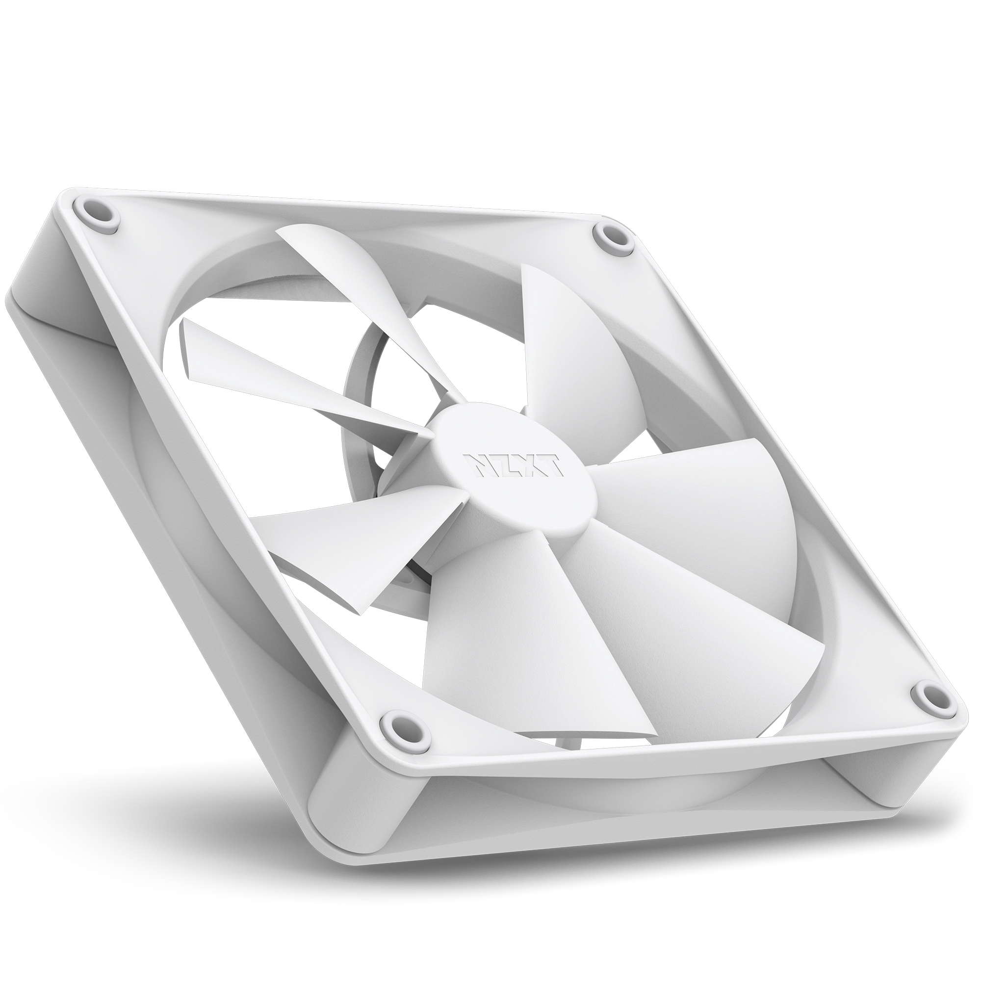 The NZXT F140P (2022) is a white rectangular cooling fan with seven slightly tilted blades, a static pressure design, and the NZXT logo embossed in the center. Each corner of the frame shows four visible screws.
