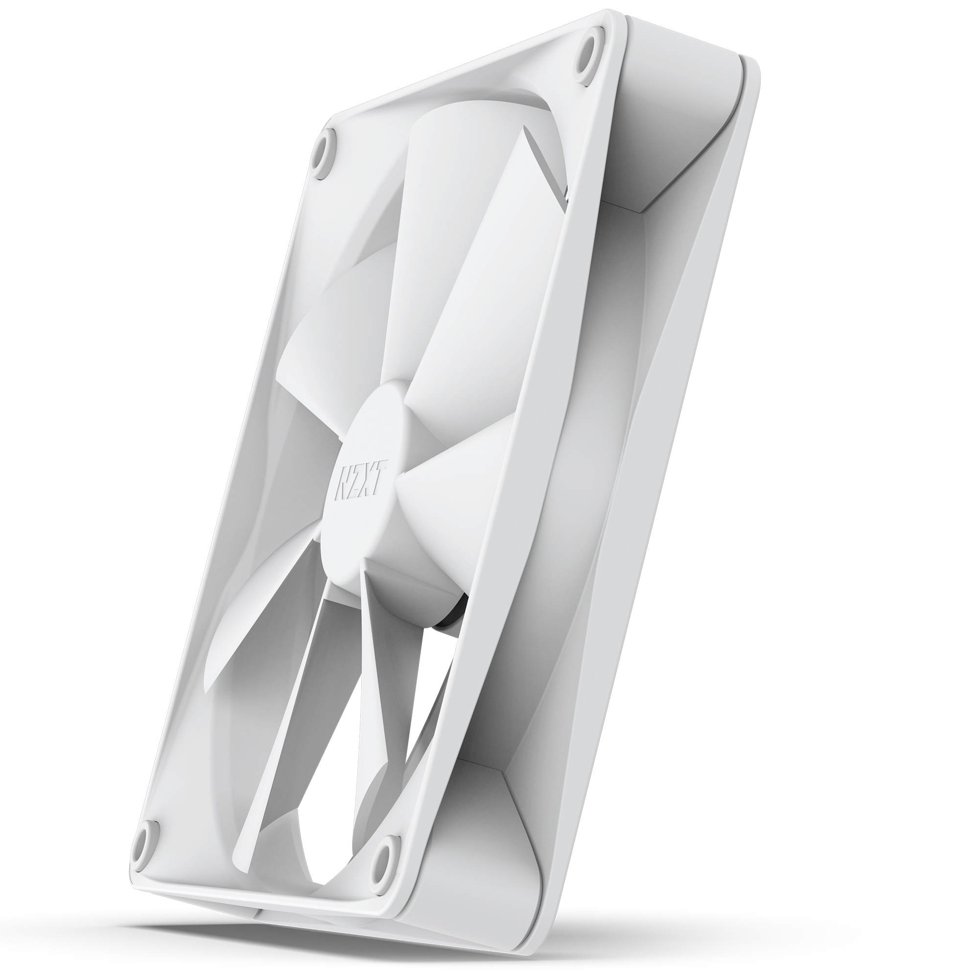 The NZXT F140P (2022) is a white cooling fan with a rectangular frame, rounded corners, and seven blades. Designed for high static pressure, it features mounting holes at each corner and displays the NZXT logo on the center hub.