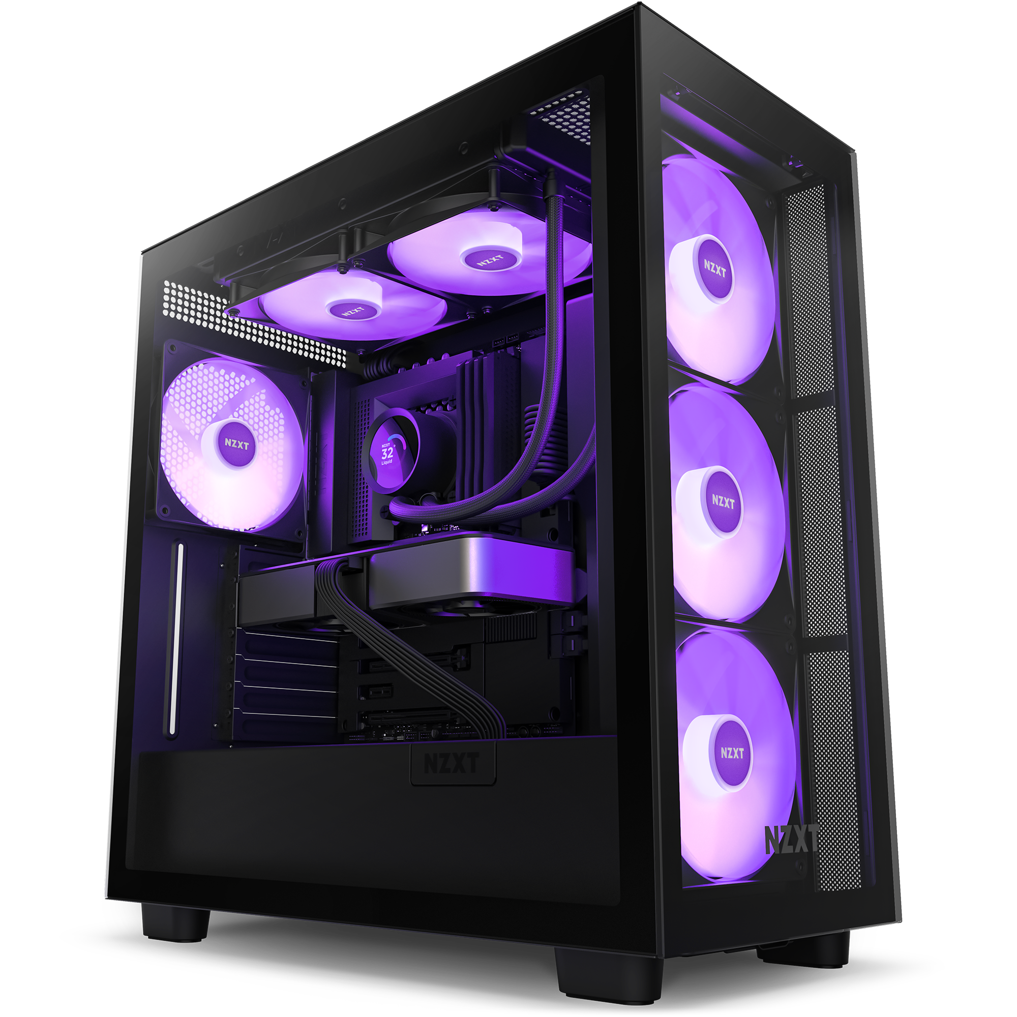 The NZXT Kraken 280 RGB gaming PC case in black features a transparent side panel, purple LED fans, and excellent cooling with three front fans, three top fans, and a water-cooled CPU cooler for optimal performance.