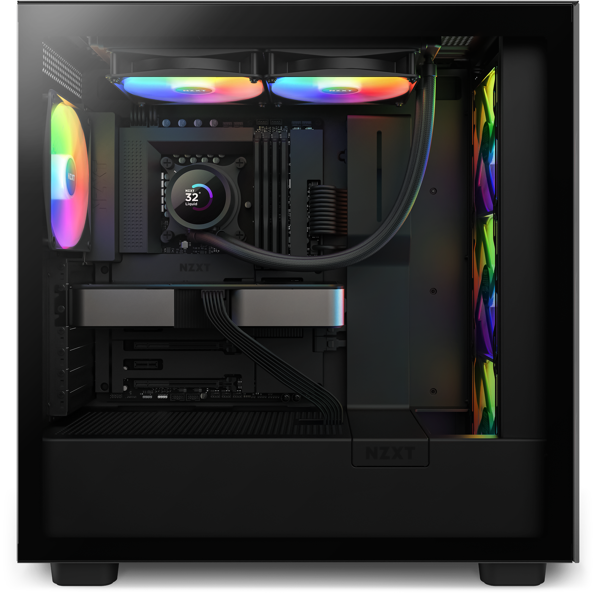 The NZXT Kraken 280 RGB desktop gaming PC features RGB-lit fans and cooler, a visible graphics card, an LCD displaying system stats, excellent cooling, tidy cables, and all components housed in a sleek black NZXT case.