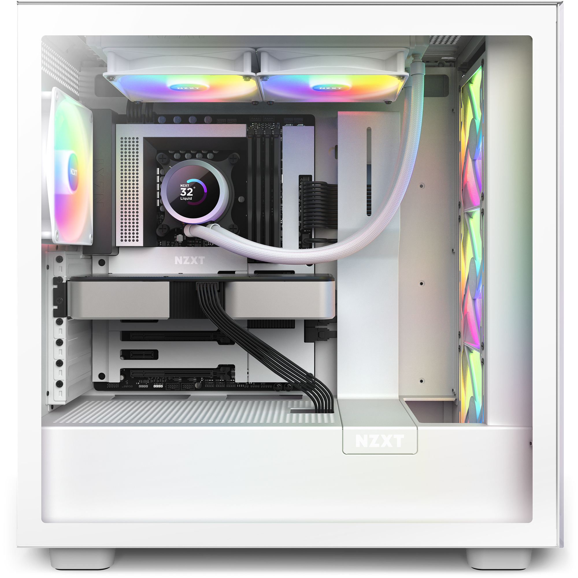 The white NZXT case features vibrant LED lighting, RGB cooling fans, the Kraken 280 RGB liquid CPU cooler with LCD screen, a graphics card, and neat black cable management for an eye-catching gaming PC setup.