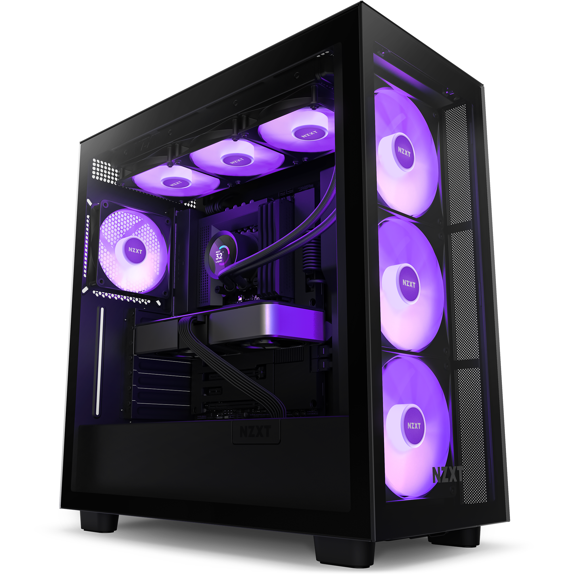 A black NZXT PC case with a clear side panel features purple LED fans, visible internal parts, and the NZXT Kraken 360 RGB liquid cooler—all monitored for optimal cooling with NZXT CAM software.