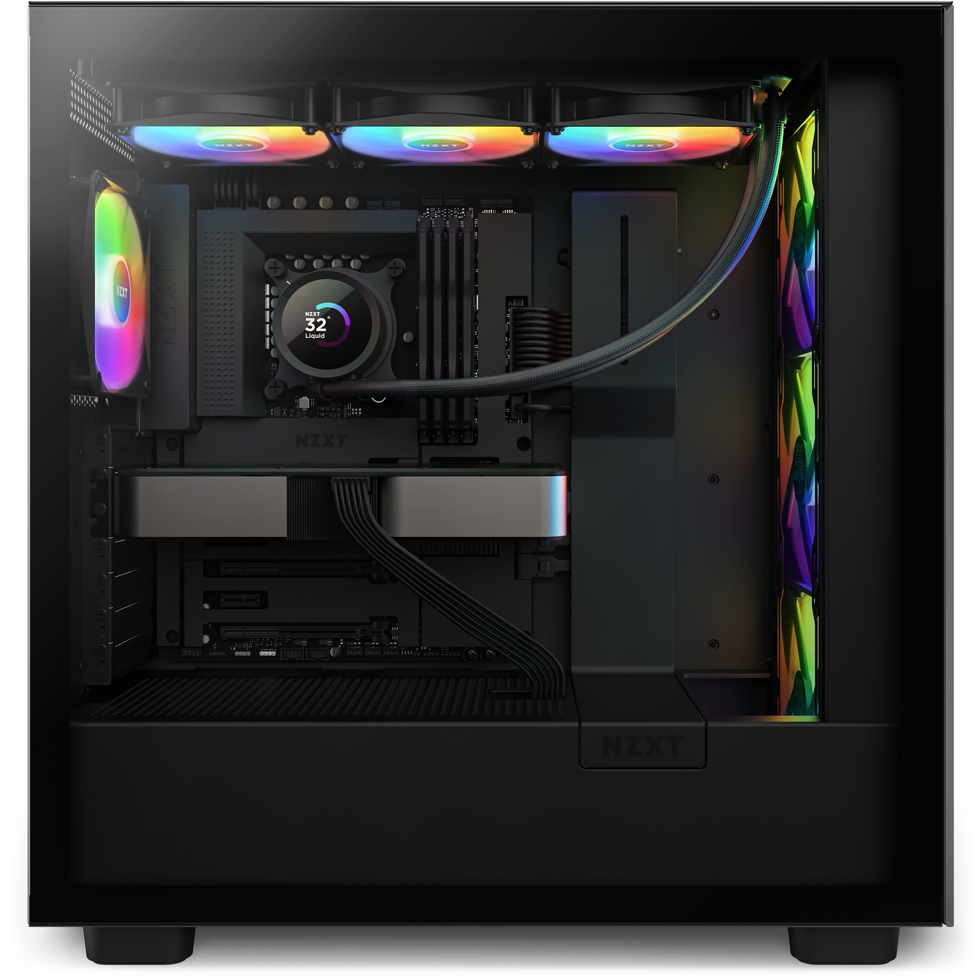 The NZXT Kraken 360 RGB is a sleek gaming PC with vibrant RGB lighting, efficient liquid cooling, three top and three right-side fans, tidy cabling, a horizontal graphics card mount, and support for NZXT CAM software.