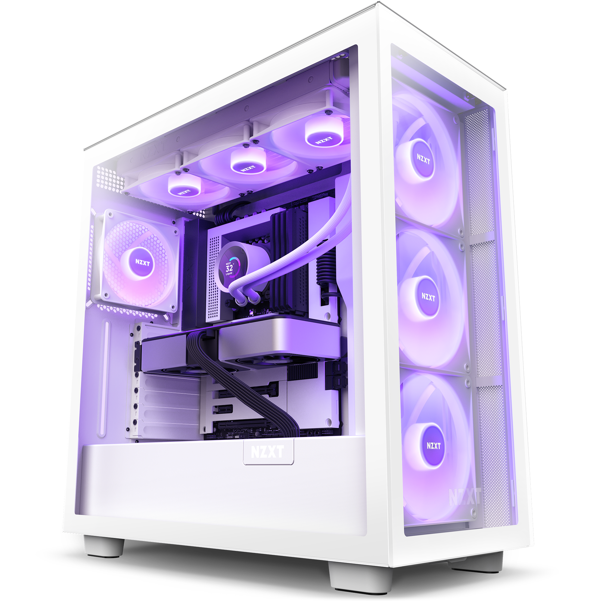 The NZXT Kraken 360 RGB is a white gaming PC case with a glass side panel that showcases purple-lit cooling fans, advanced liquid cooling, and tidy internals—offering optimal cooling and full control via NZXT CAM software.
