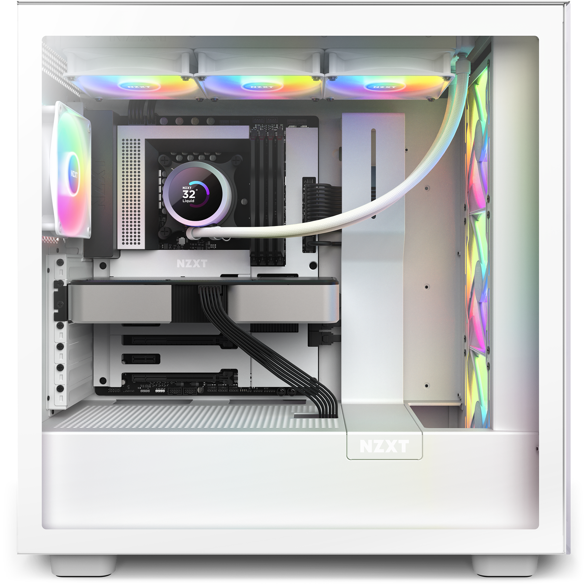 An NZXT computer case with a side glass panel showcases RGB fans, a Kraken 360 RGB liquid CPU cooler with an LCD screen, a graphics card, and neat cable management—all lit by vibrant LED lighting.