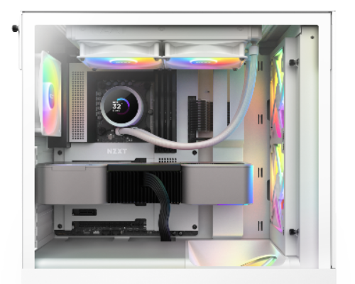 A white gaming PC case with RGB lighting, visible cooling fans, a liquid CPU cooler displaying 32°C, a large graphics card, and neatly managed cables inside the case.