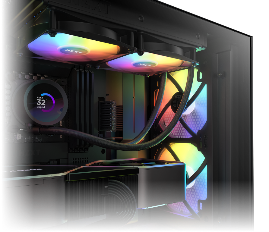 A close-up of a desktop computers interior shows RGB-lit cooling fans, a liquid cooling system, and an NZXT display showing a temperature of 32°C, with cables neatly arranged inside the case.