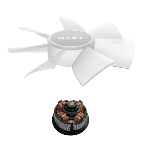 A white NZXT fan blade assembly and its separated black motor with copper coils are displayed on a transparent background.