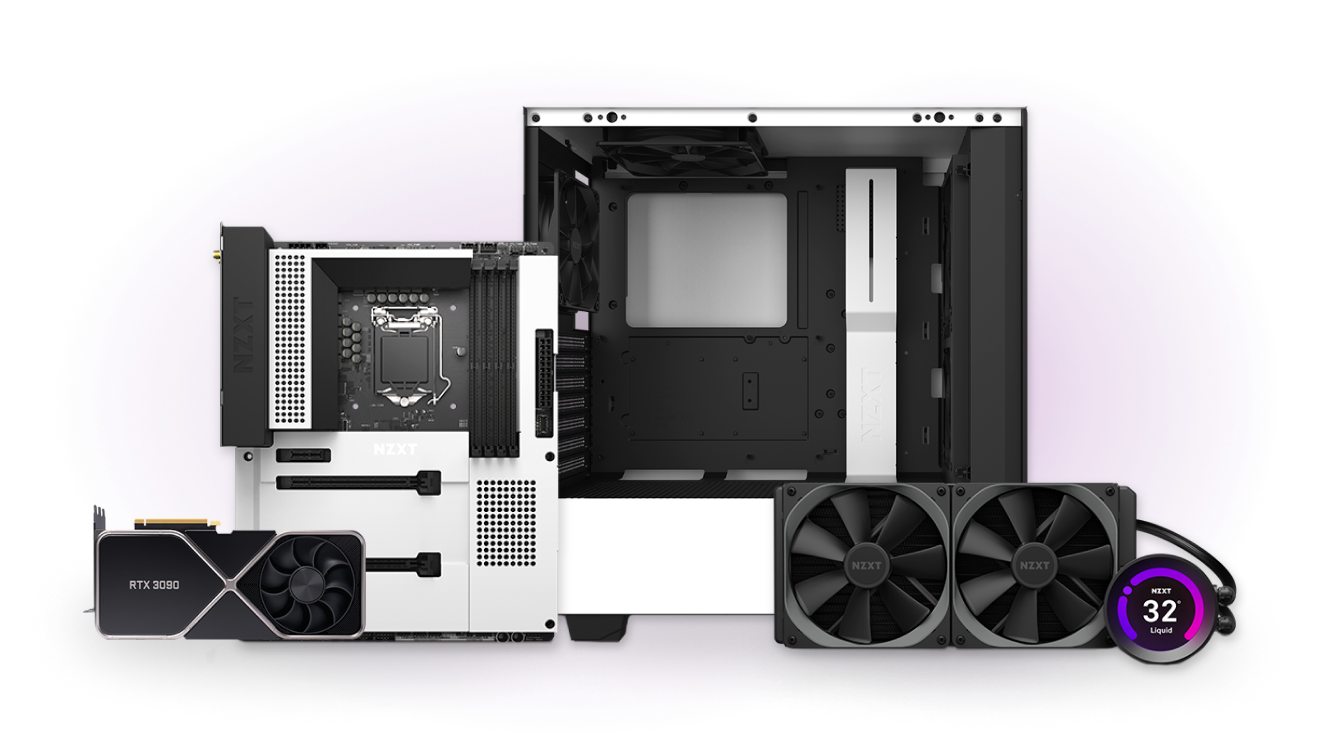 A computer case, motherboard, NVIDIA RTX 3090 graphics card, liquid cooling system with dual fans, and a digital display showing “32°C” arranged on a purple background.
