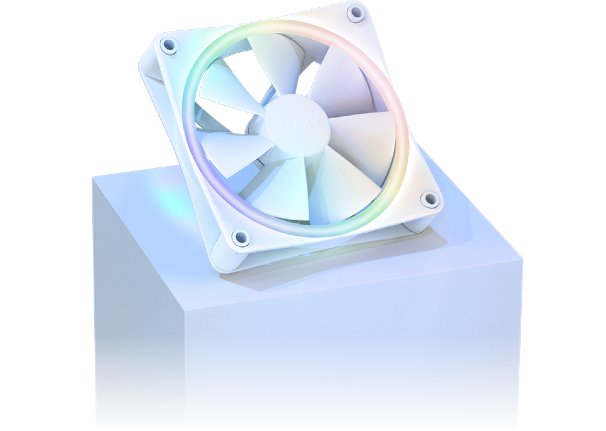 A white computer cooling fan with RGB lighting around the edges is displayed at an angle on top of a white rectangular pedestal.