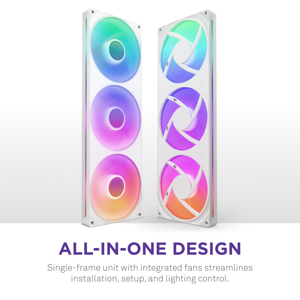 Two NZXT F420 RGB Core all-in-one white cooling units, each with three integrated RGB fans, stand upright side by side on a black background, displaying vibrant RGB lighting and whisper-quiet performance.
