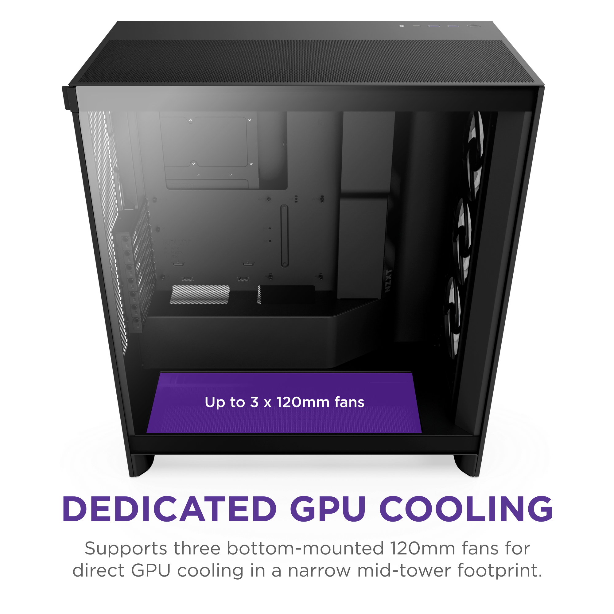 The NZXT H7 Flow RGB, a black mid-tower case, features space for up to three bottom-mounted 120mm fans dedicated to GPU cooling. High-performance mesh panels maximize airflow for optimal cooling efficiency.
