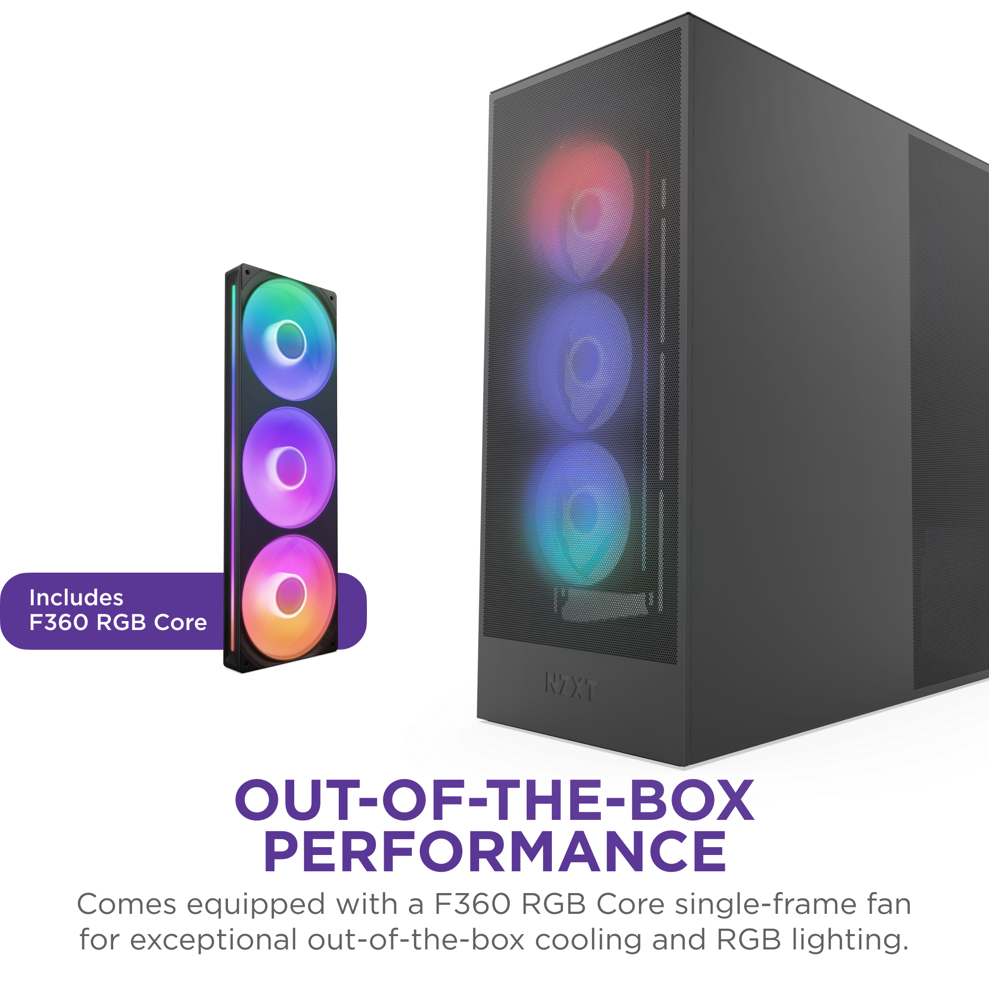 The NZXT H7 Flow RGB is a sleek black case with three RGB fans in blue, purple, and pink, plus high-performance mesh panels for better GPU cooling. Left image shows a single RGB fan labeled “Includes F360 RGB Core.”.