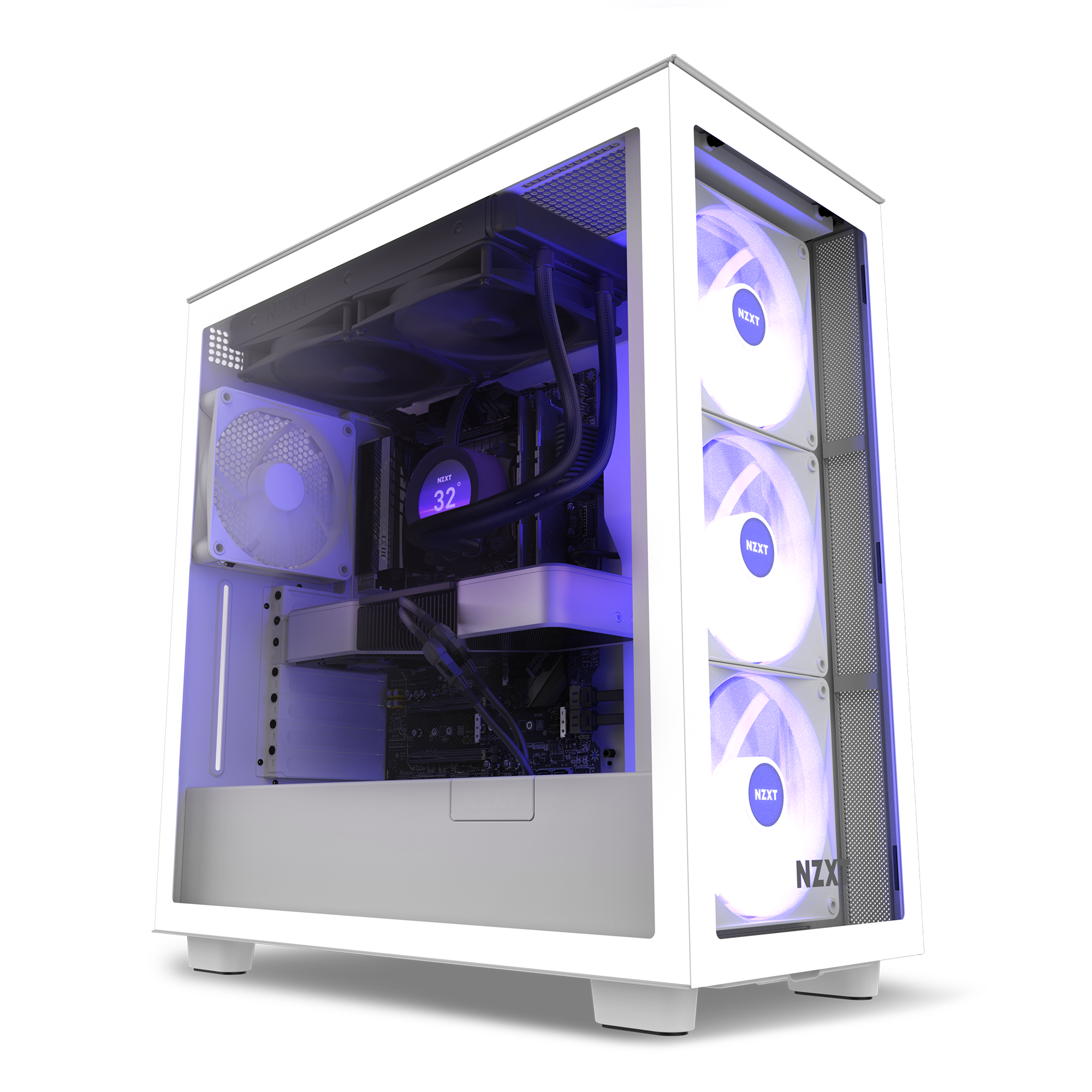 The NZXT Refurbished Prebuilt Exclusive 2024 Edition - #8559 features a white case with a clear side panel, revealing RGB fans and liquid cooling illuminated in blue and purple—delivering high performance and striking visuals.
