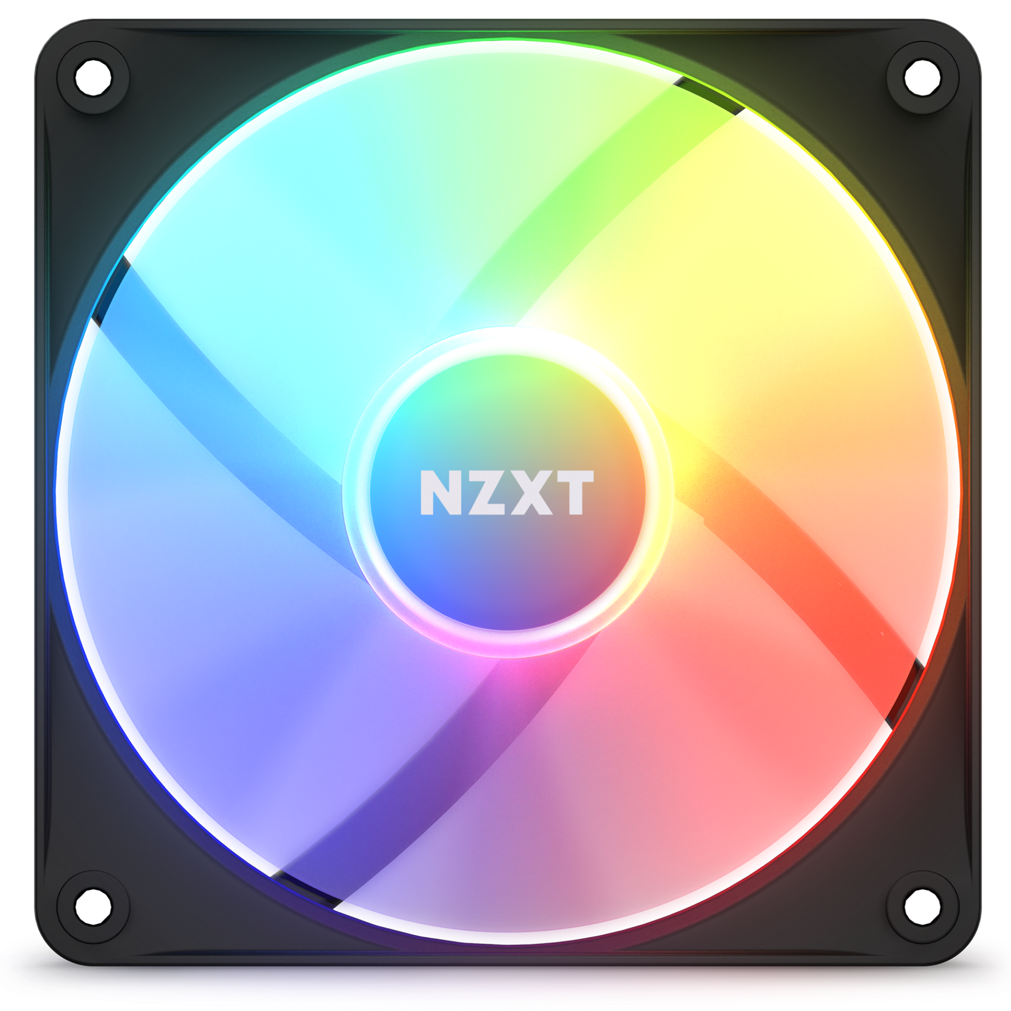 The NZXT F120 RGB Core Fans are square computer cooling fans with a black frame and rounded corners, featuring vibrant RGB lighting for customizable effects and improved static pressure performance.