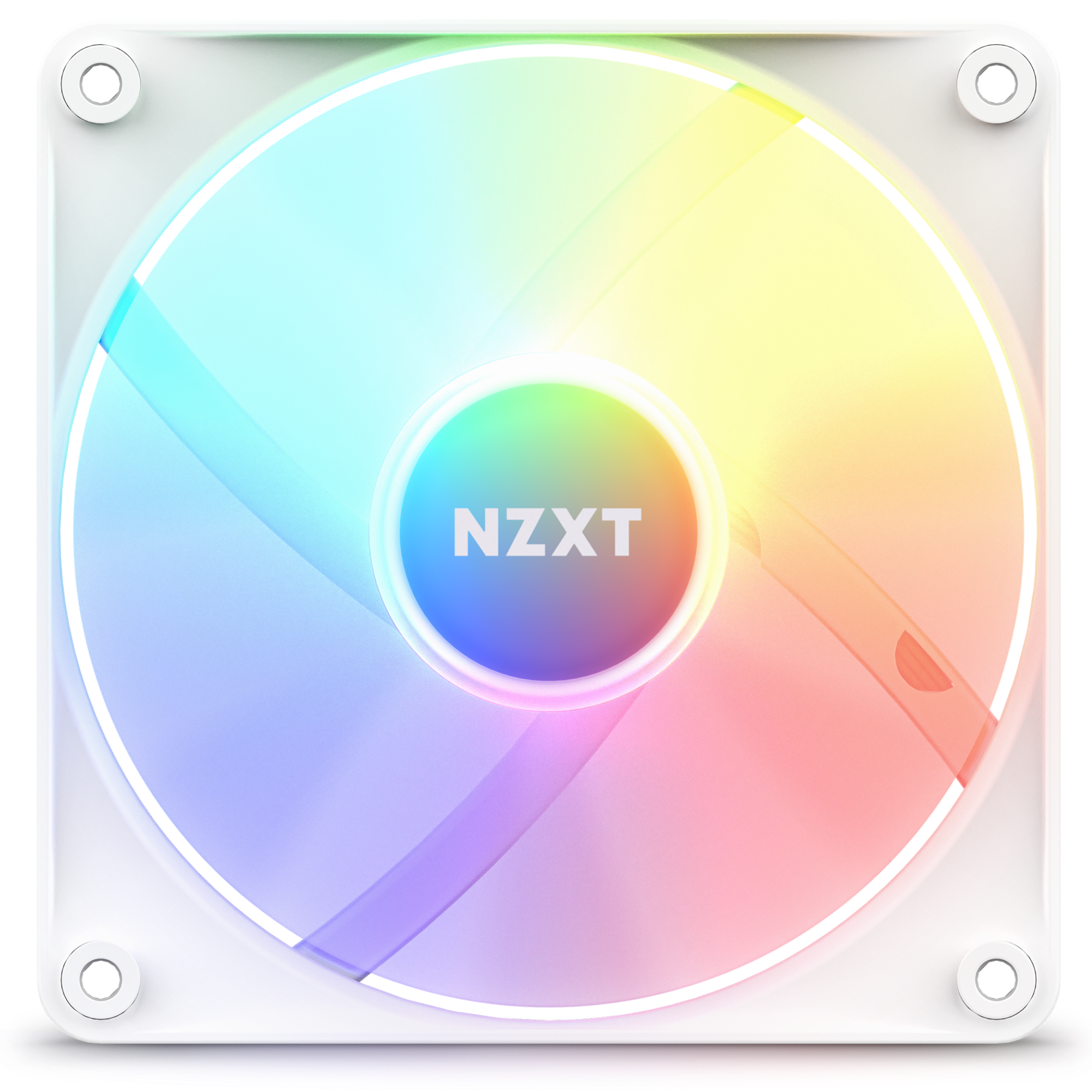 The NZXT F120 RGB Core Fans are square, white fans with rounded corners and vibrant circular RGB lighting. The “NZXT” logo is featured at the center, and the fans offer customizable lighting for personalized setups.