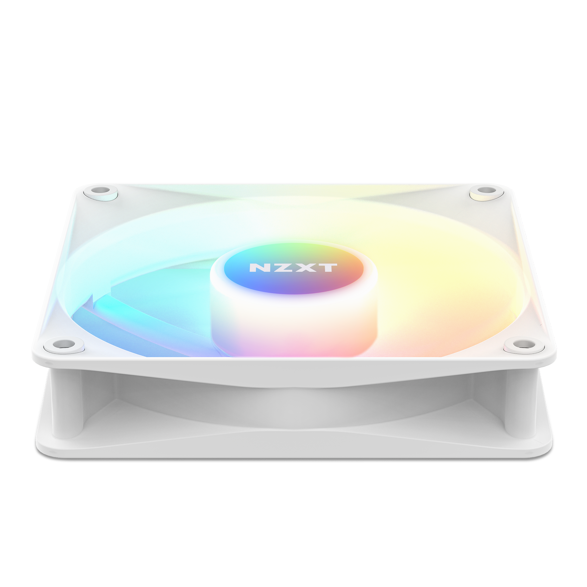 A white NZXT F120 RGB Core Fan displays customizable RGB lighting with blue, yellow, and pink gradients, viewed from the front against a black background.