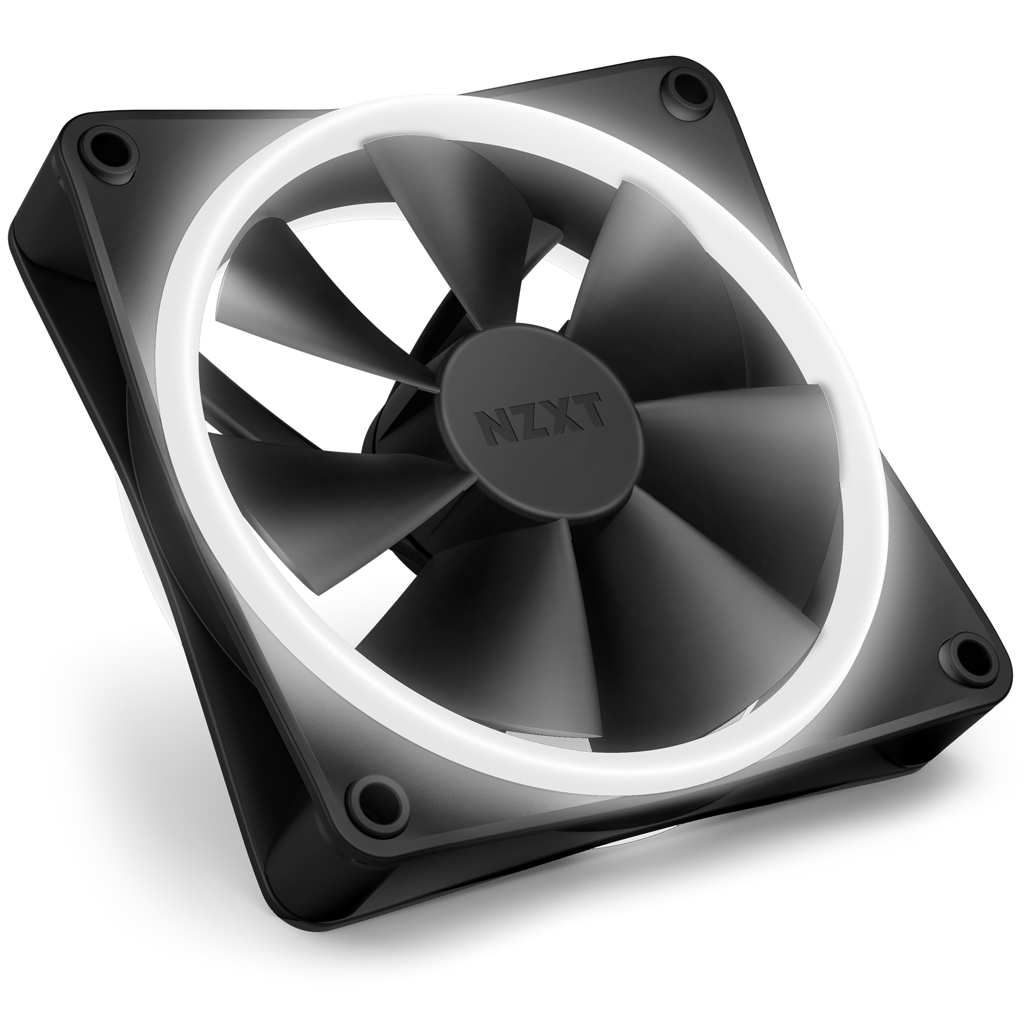 The NZXT F120 RGB Duo is a black computer cooling fan featuring a circular white LED ring around the blades, optimized for high static pressure and shown at an angle on a transparent background.