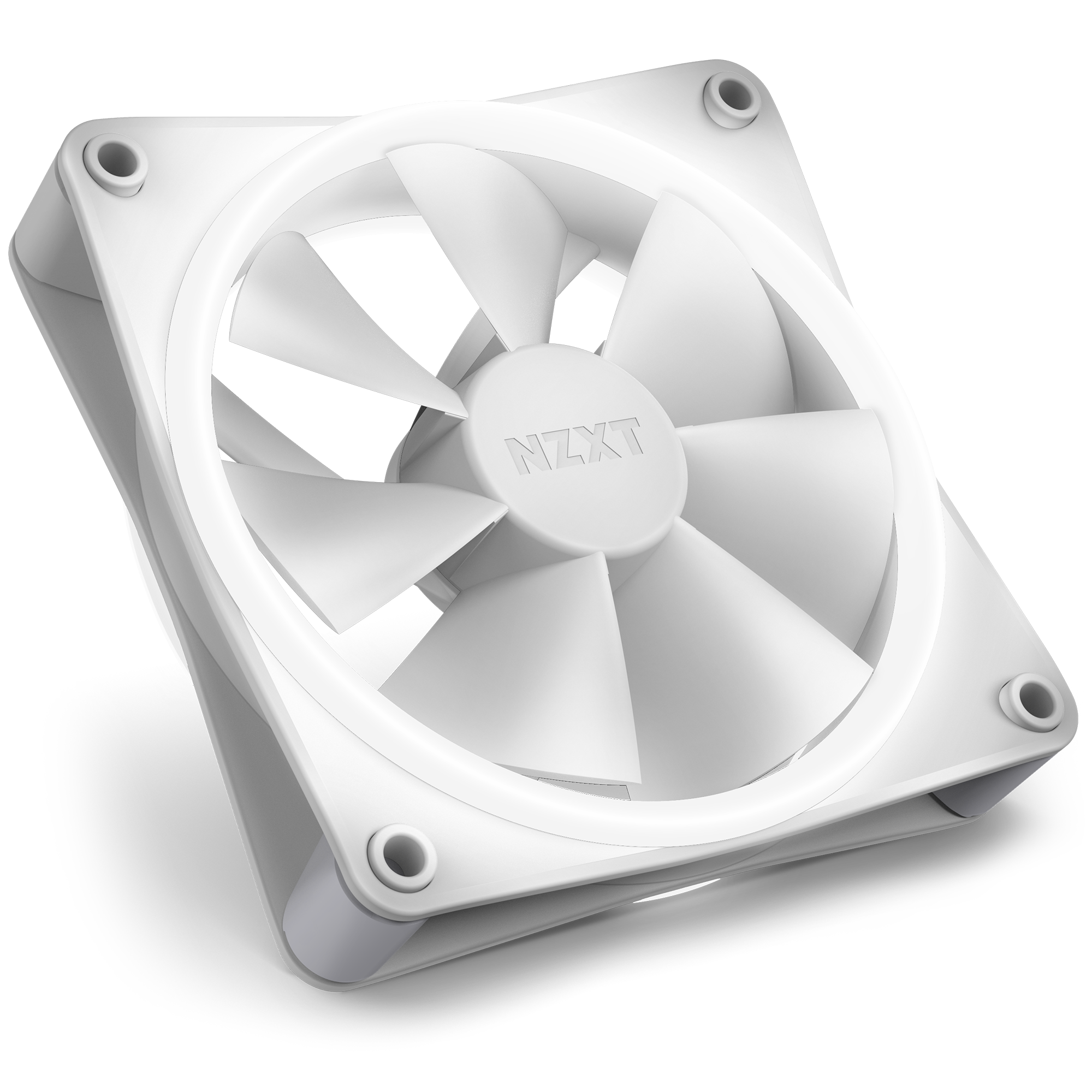 The NZXT F120 RGB Duo is a white computer cooling fan with seven blades, seen from an angle. It features a square frame with corner mounting holes and provides high static pressure for improved cooling.