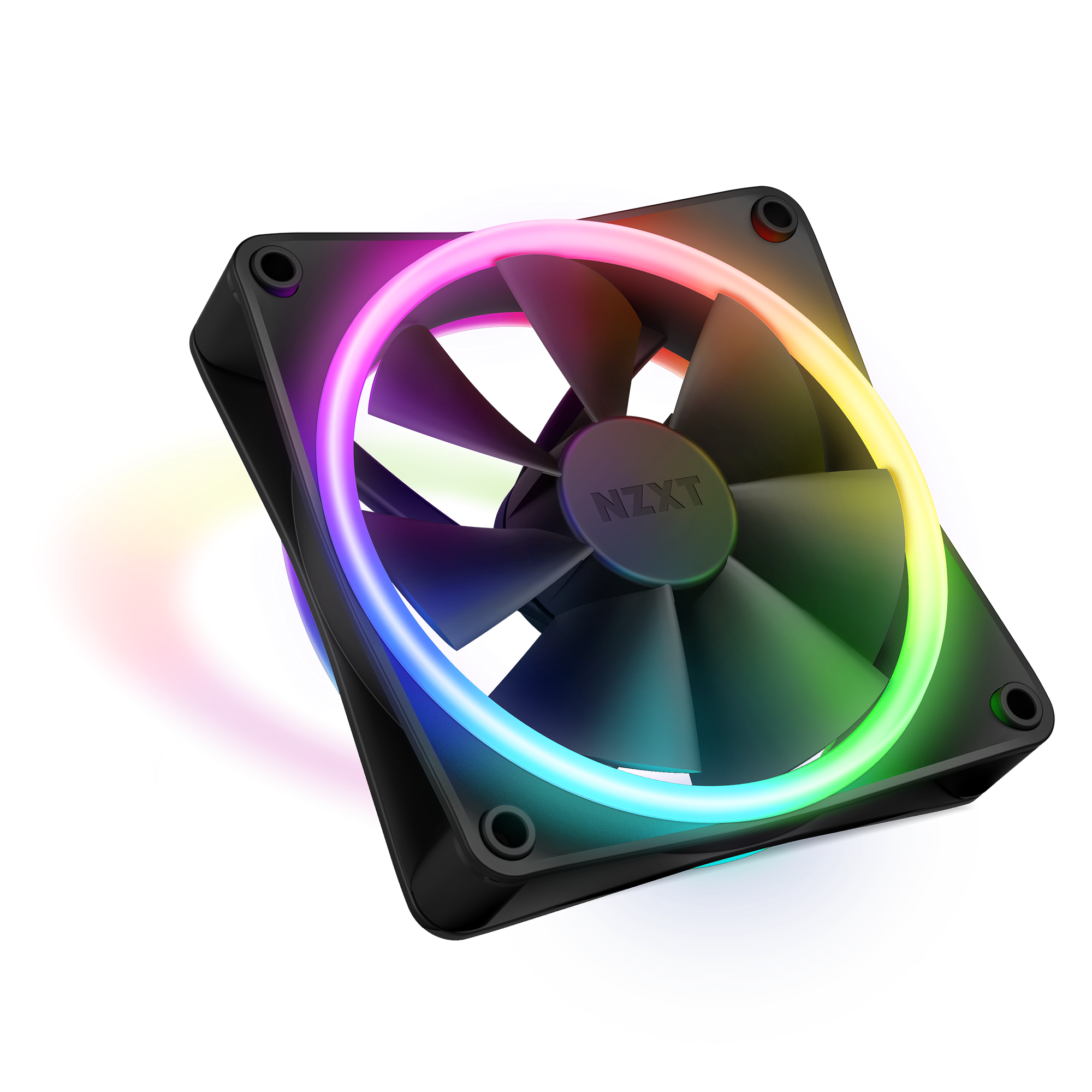 The NZXT F120 RGB Duo is a black computer cooling fan with vibrant RGB lighting around the frame, producing colorful glows. It features high static pressure and is showcased angled as if floating on a white background.