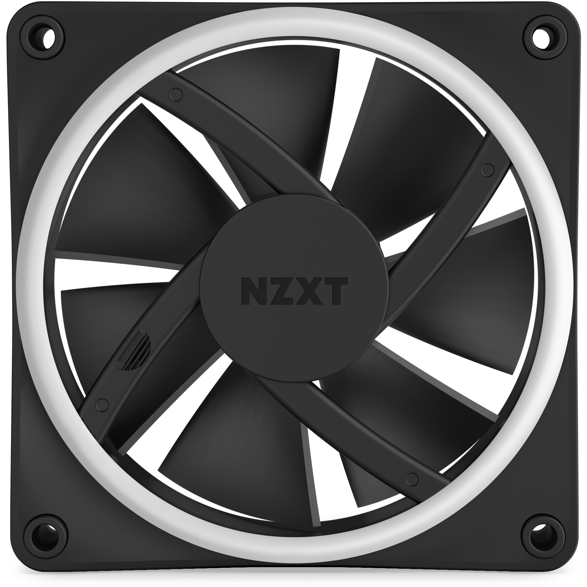 The NZXT F120 RGB Duo is a black computer cooling fan with a white LED ring, seen from the front. It has seven blades, a square frame with corner mounting holes, and offers high static pressure for efficient cooling.