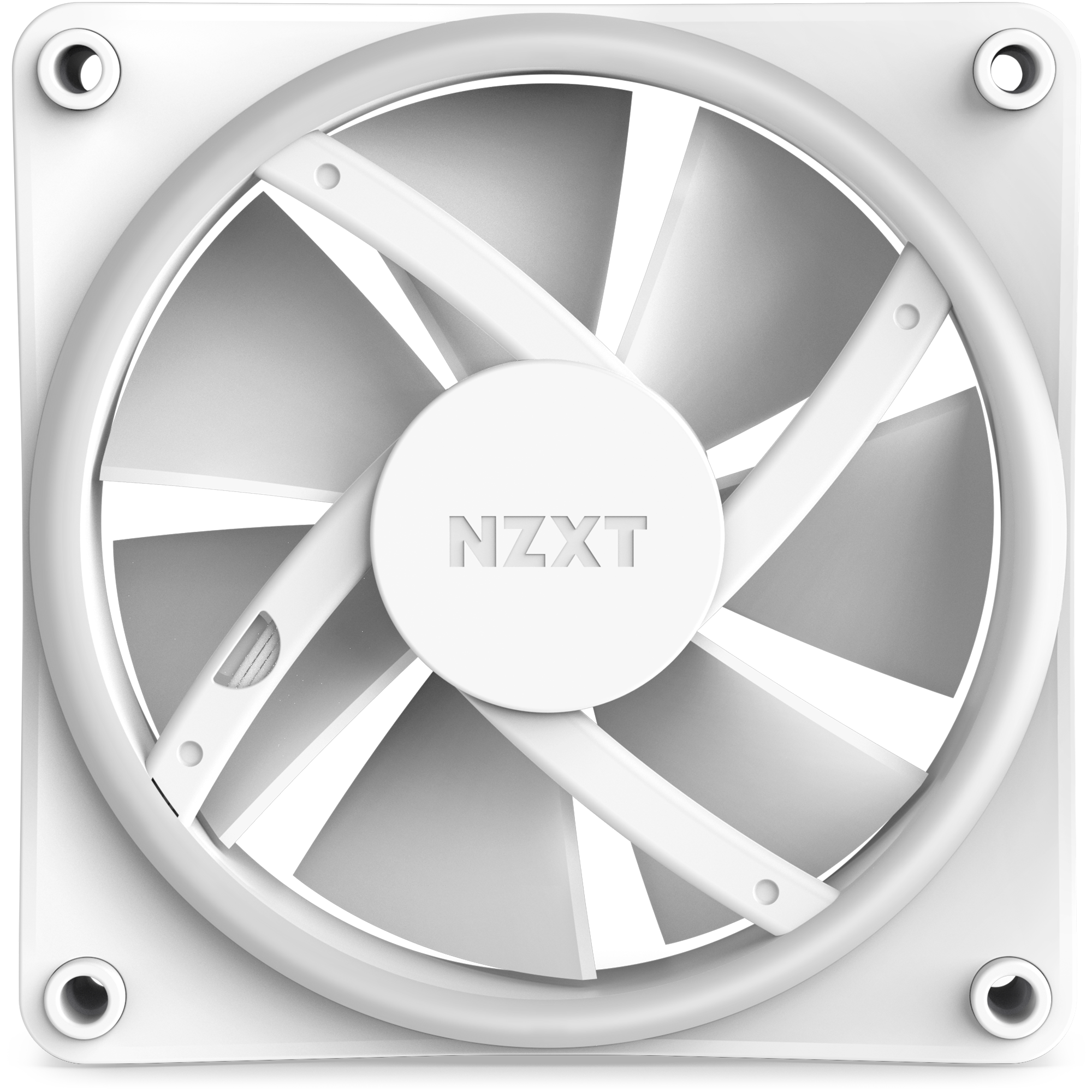 A close-up of the NZXT F120 RGB Duo white cooling fan with seven blades and Fluid Dynamic Bearing, seen from the front in its square frame with rounded corners and four screw holes.