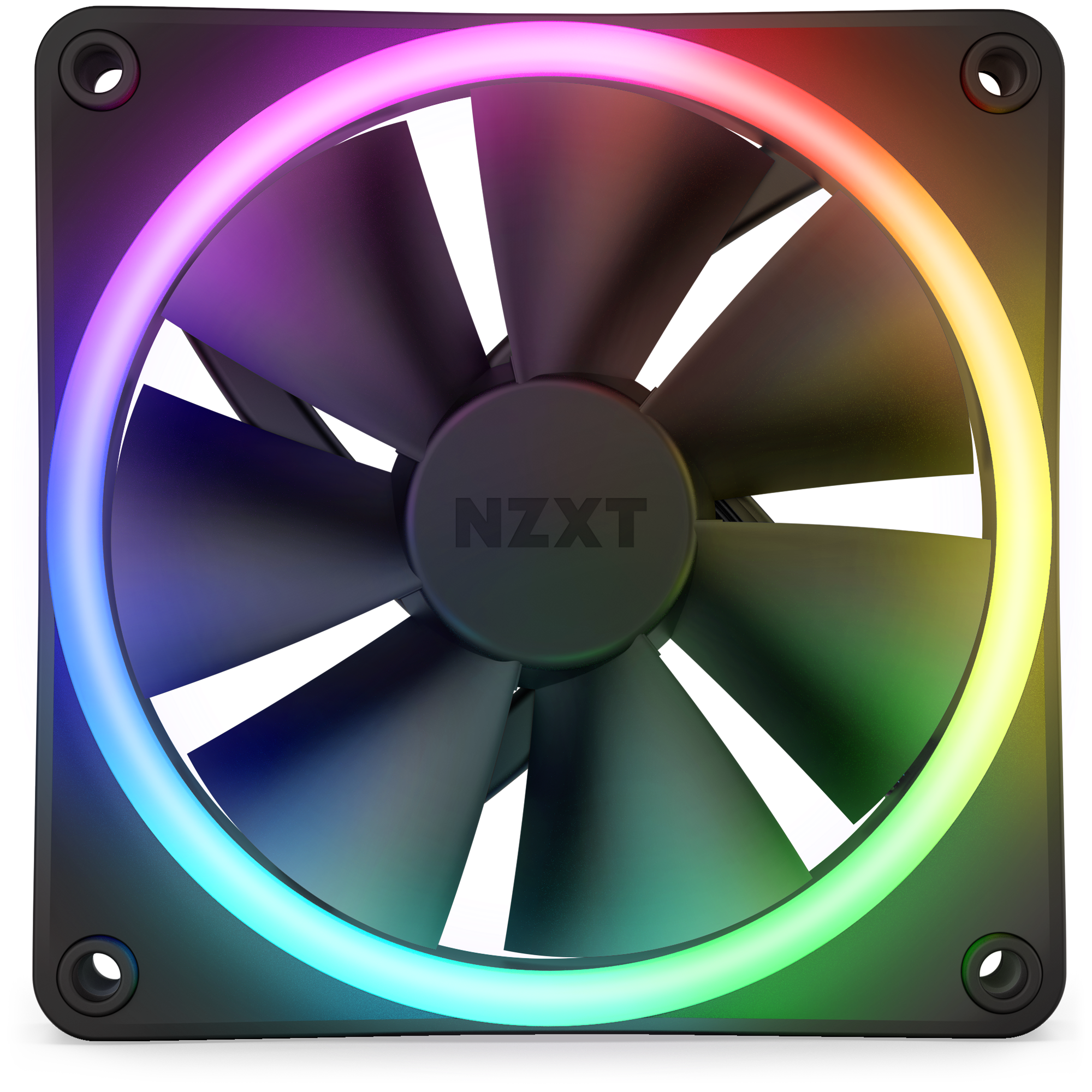 The NZXT F120 RGB Duo is a computer cooling fan with black blades, circular multicolor RGB frame lighting, high static pressure performance, and features the NZXT logo at the center.