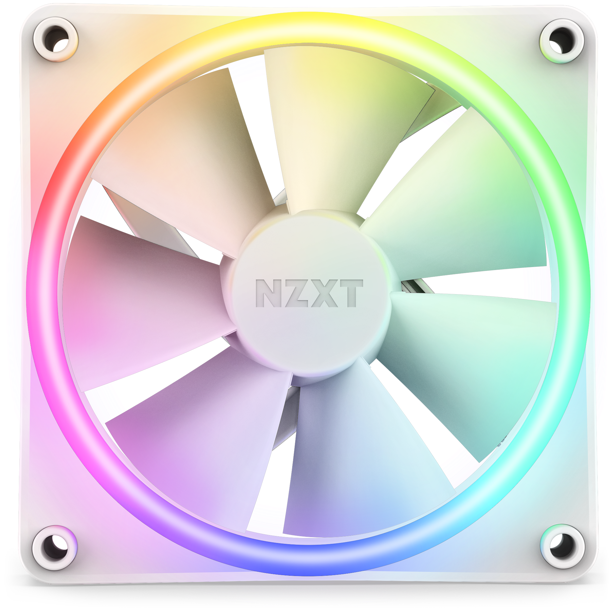 The NZXT F120 RGB Duo is a white computer case fan featuring a circular RGB lighting ring with pastel colors, viewed front-on. Its central hub shows the NZXT logo, and the Fluid Dynamic Bearing provides quiet, reliable performance.