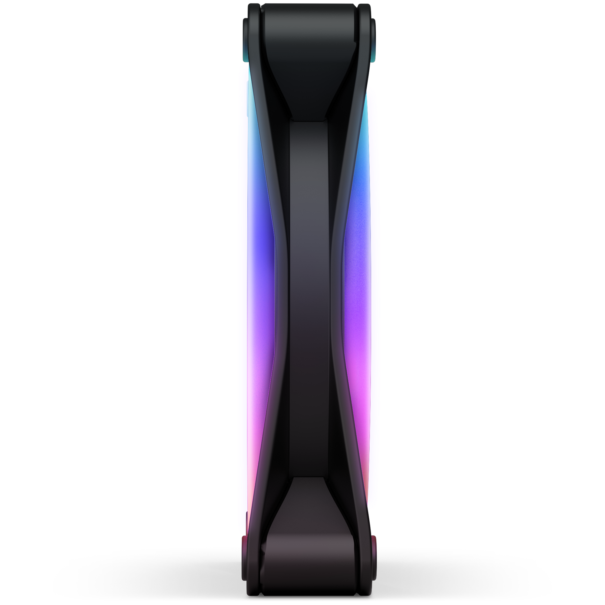 The NZXT F120 RGB Duo is a black computer cooling fan with translucent blades, featuring blue, purple, and pink RGB lighting in a gradient and designed for high static pressure.