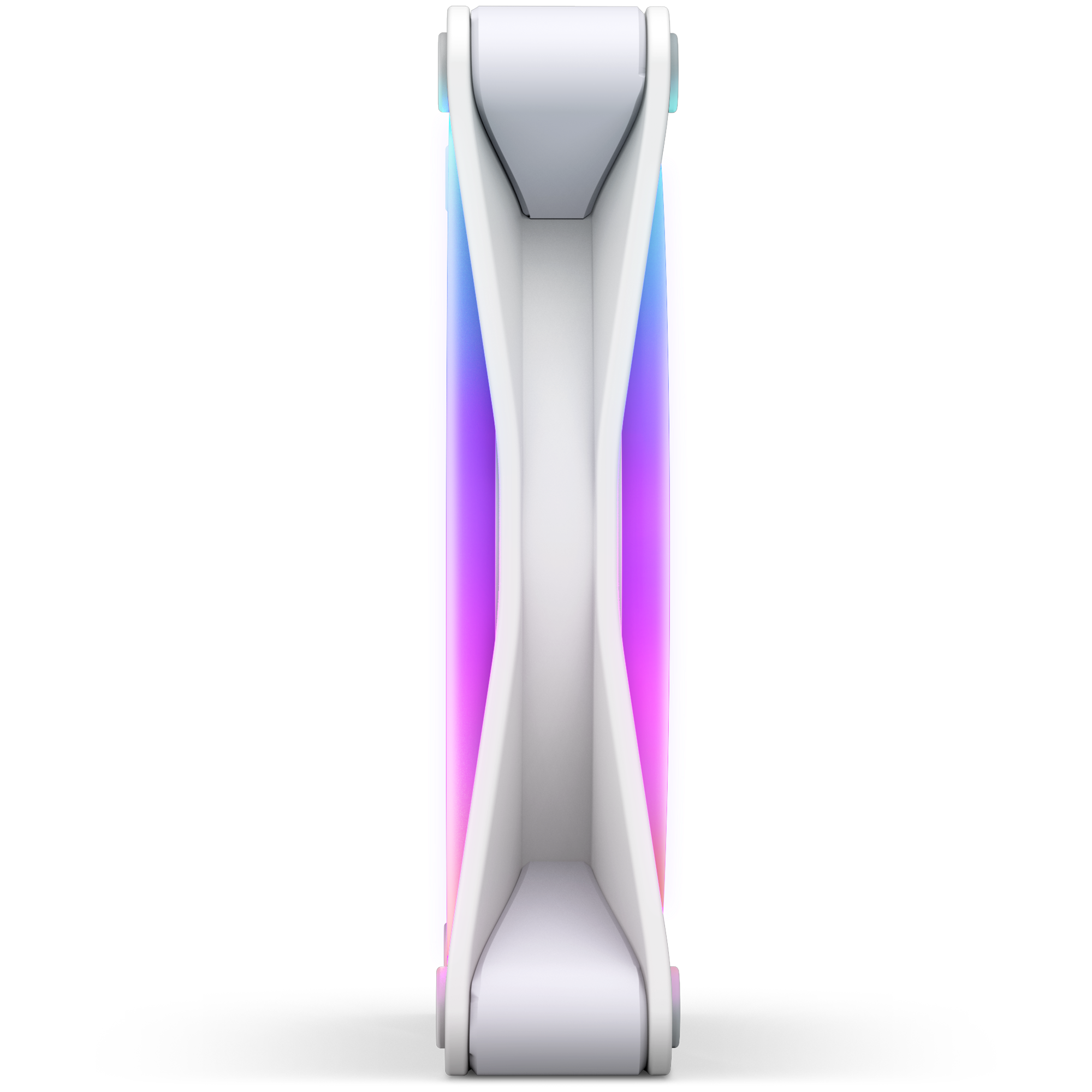 A top-down view of the NZXT F120 RGB Duo, a white, modern, symmetrical fan featuring soft blue and pink RGB lighting on both sides, resembling a sleek electronic accessory.