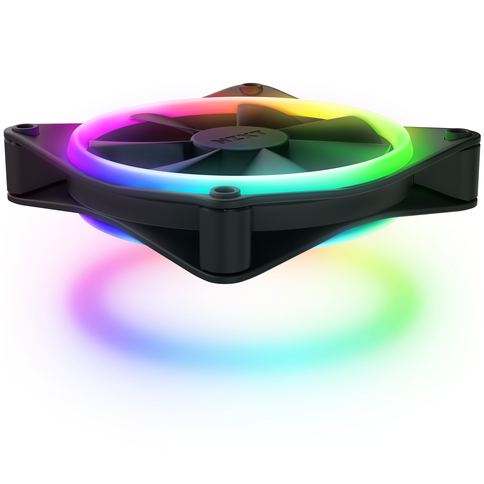 The NZXT F120 RGB Duo is a black cooling fan that displays vibrant RGB colors—like pink, green, blue, and yellow—in a circular pattern around and under the blades for high static pressure performance.