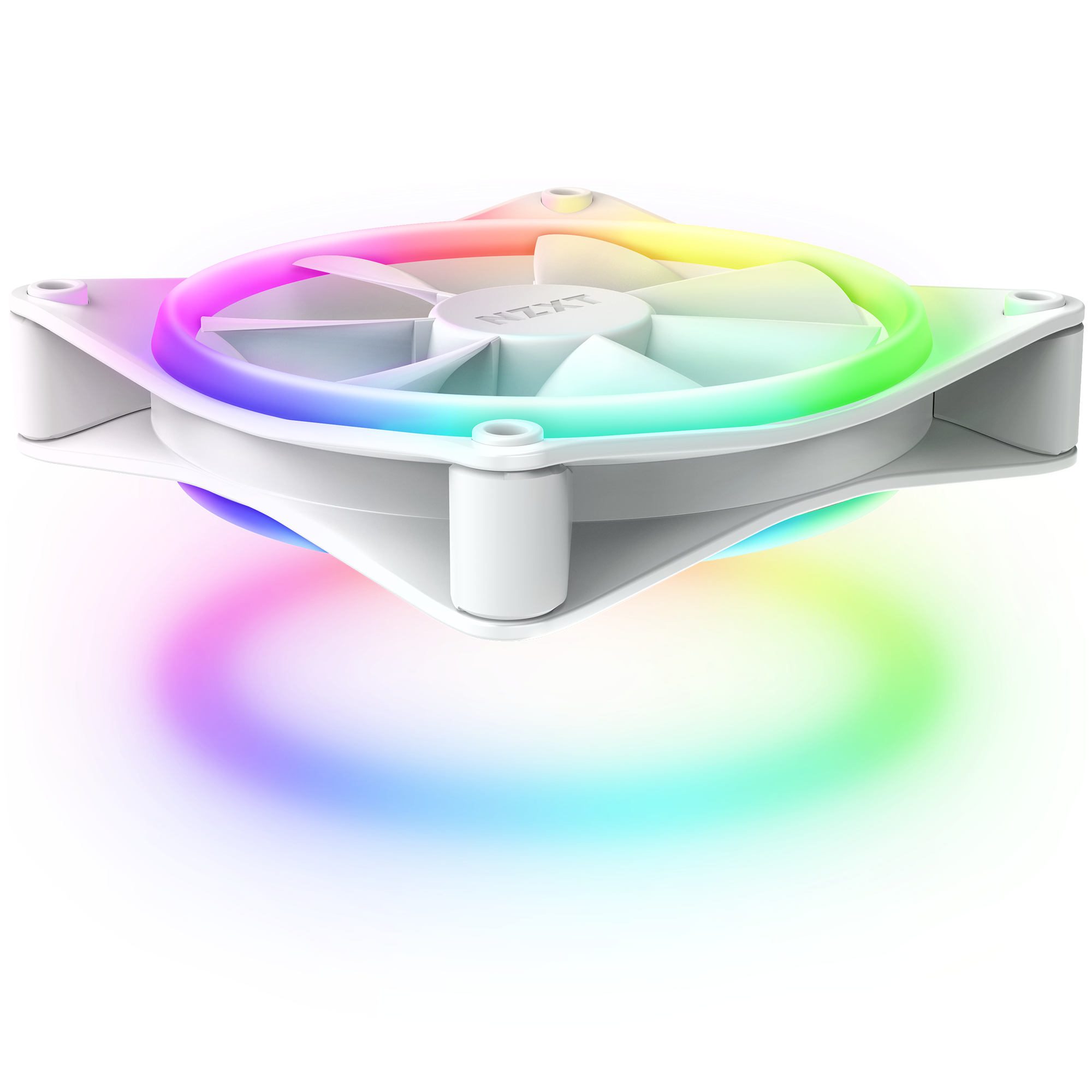 The NZXT F120 RGB Duo is a white computer cooling fan with vibrant RGB lighting and a fluid dynamic bearing, illuminating the fan blades and casting colorful light beneath them in a rainbow of colors.