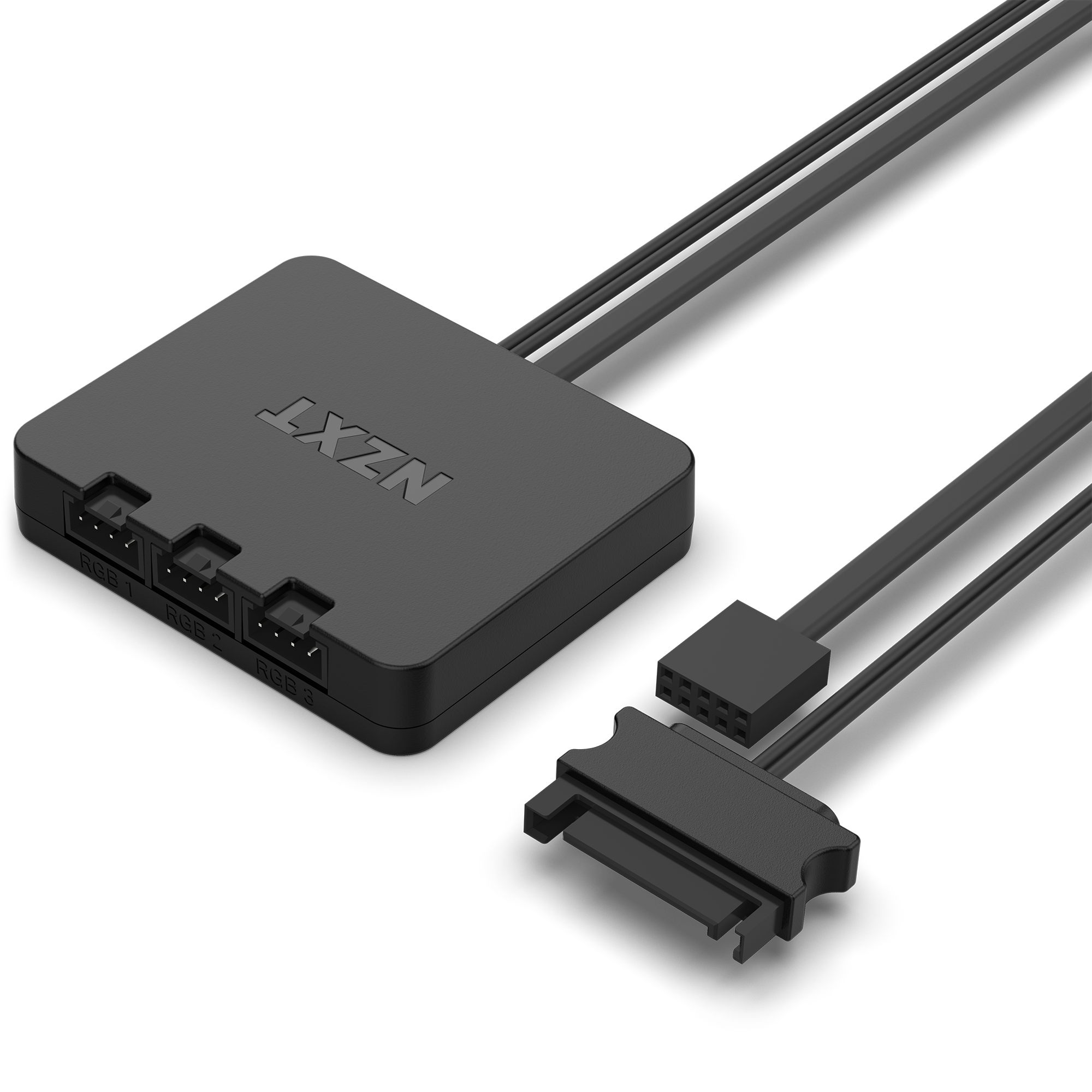 The NZXT F120 RGB Duo Triple Pack includes black fans and an RGB controller with three ports and power/data connectors, ideal for high static pressure setups and customizable lighting through NZXT CAM.