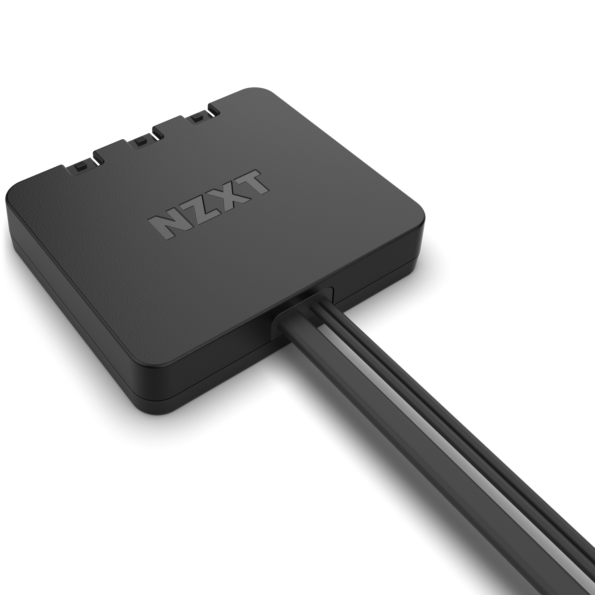 The NZXT F120 RGB Duo Triple Pack, in black, features three top ports and two bottom cables with RGB lighting support, shown against a black backdrop.