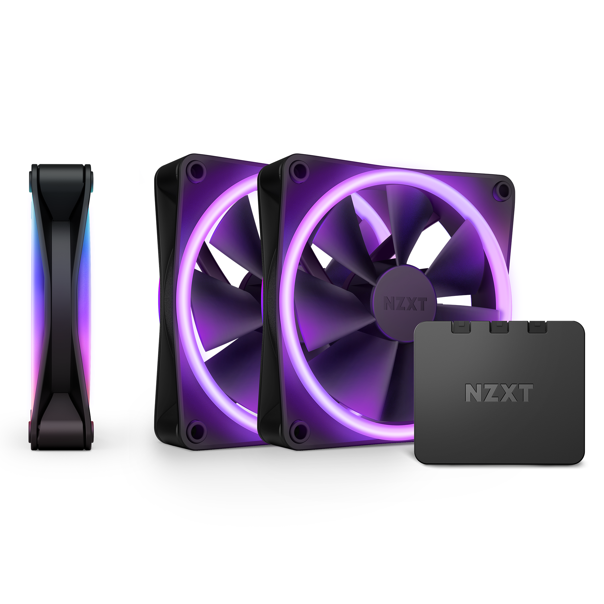 The NZXT F120 RGB Duo Triple Pack includes three black high static pressure computer cooling fans with RGB lighting, shown from side and front, plus a rectangular NZXT controller—compatible with NZXT CAM for easy customization.