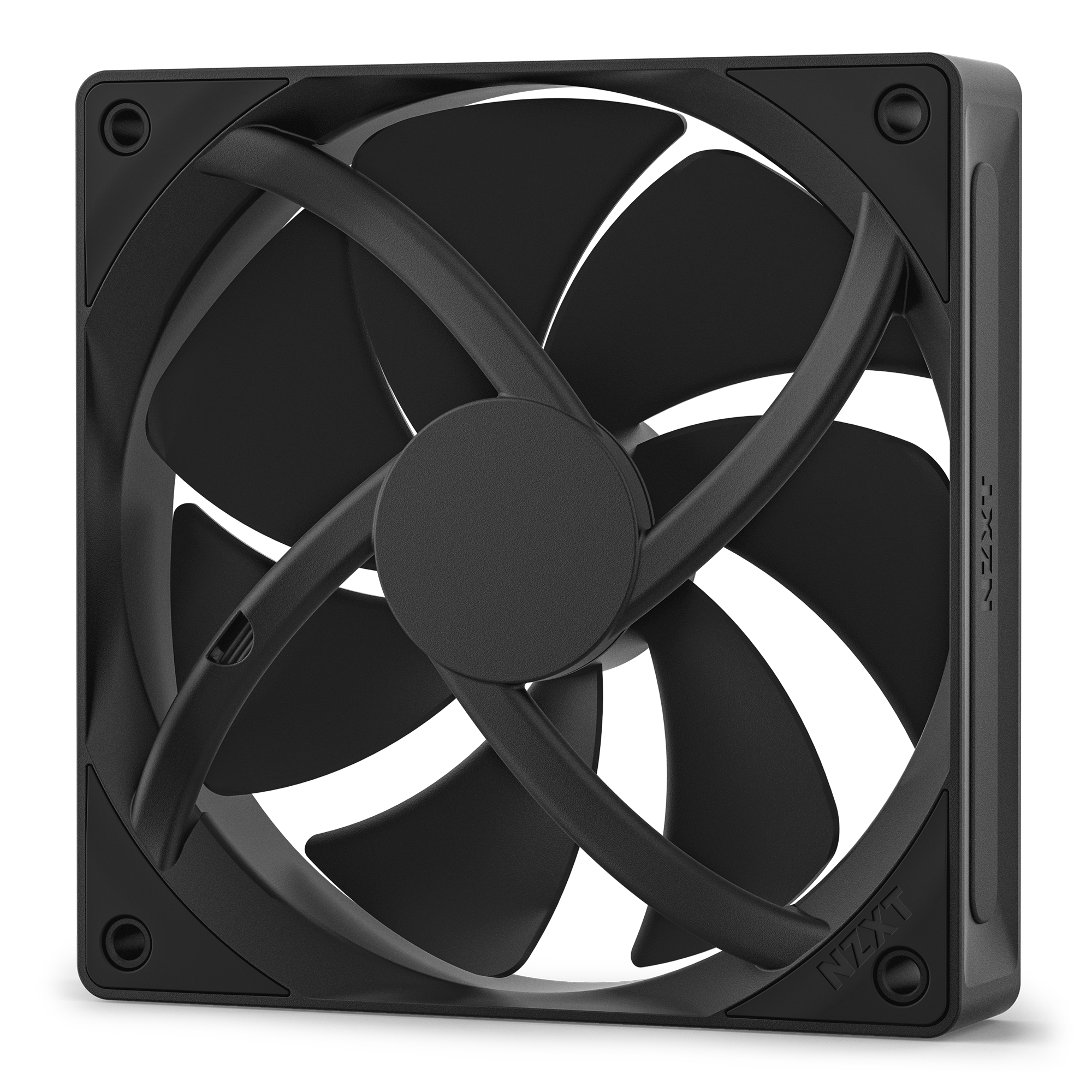 The NZXT F120P is a black computer cooling fan with a square frame and five optimized blades, ideal for PC cases or radiators. NZXT is visible on the frame, underscoring its static pressure performance.