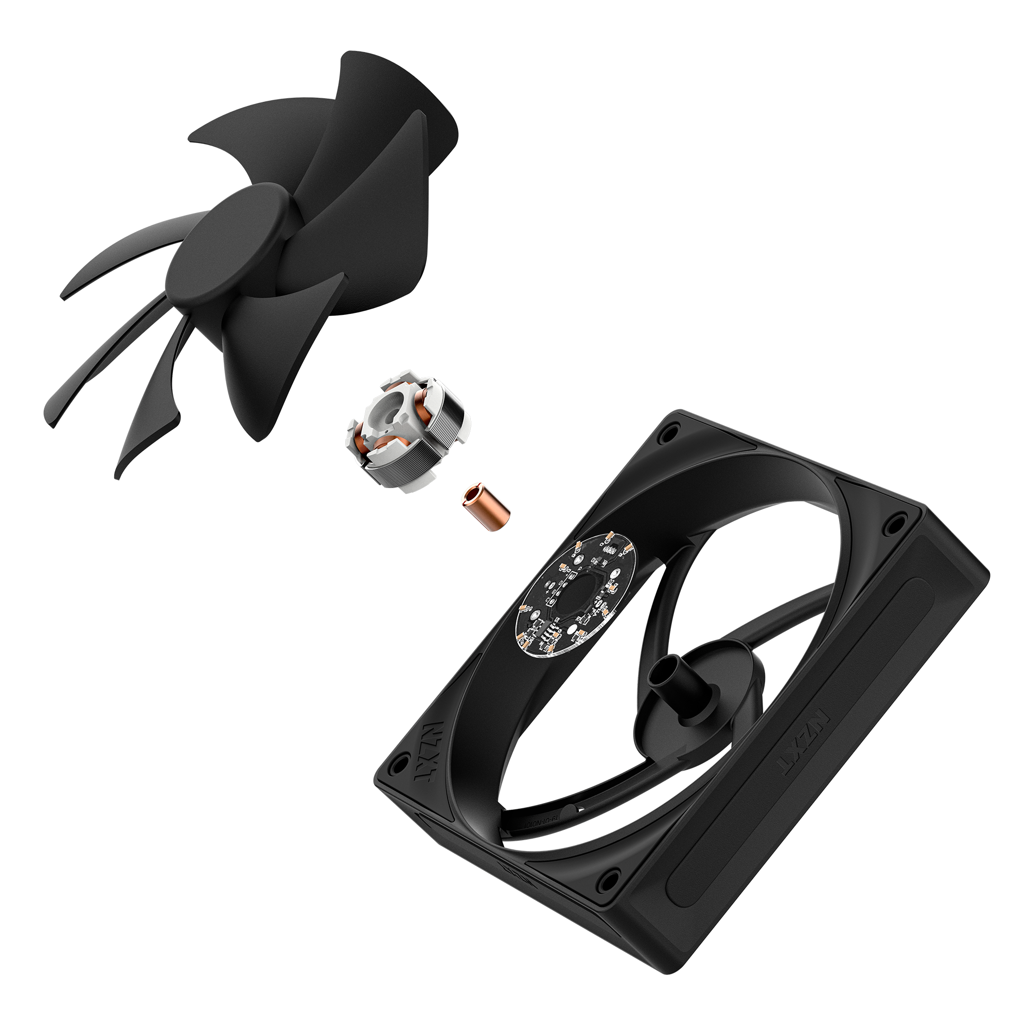 The NZXT F120P computer cooling fan is displayed in an exploded view, highlighting its optimized blades, motor, and frame separately against a black background.