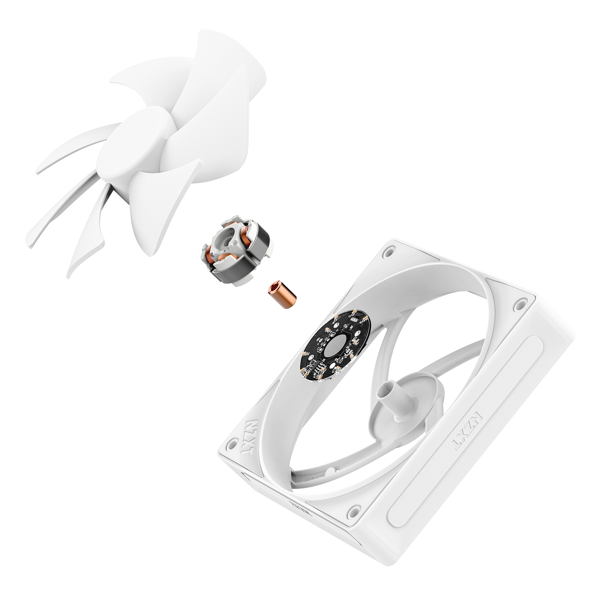 Exploded view of the NZXT F120P white cooling fan, highlighting its optimized blades, motor, and frame components, all displayed separately against a black background.