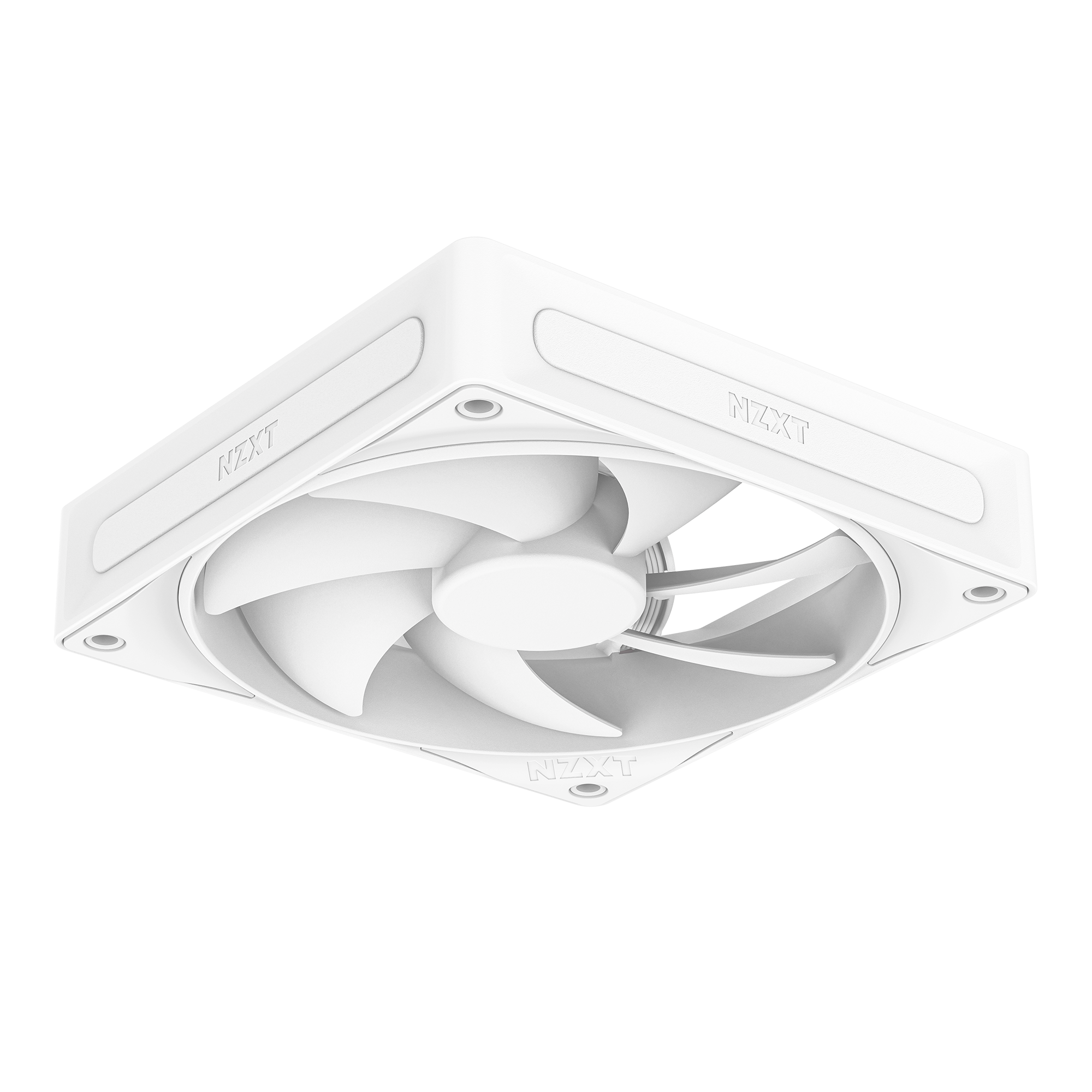 The NZXT F120P is a white, square computer cooling fan with optimized blades and curved edges, seen from below at an angle, featuring the NZXT brand name on the sides.