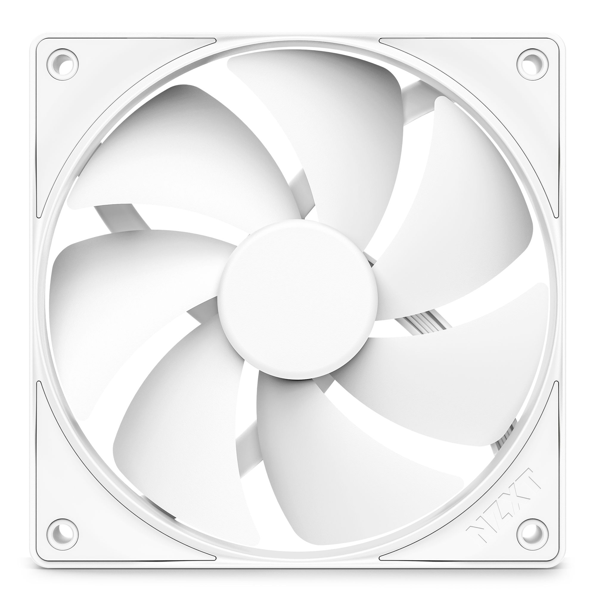 A white, square NZXT F120P computer cooling fan with optimized blades and curved edges, seen from the front. The NZXT logo appears embossed in the bottom right corner of the frame.