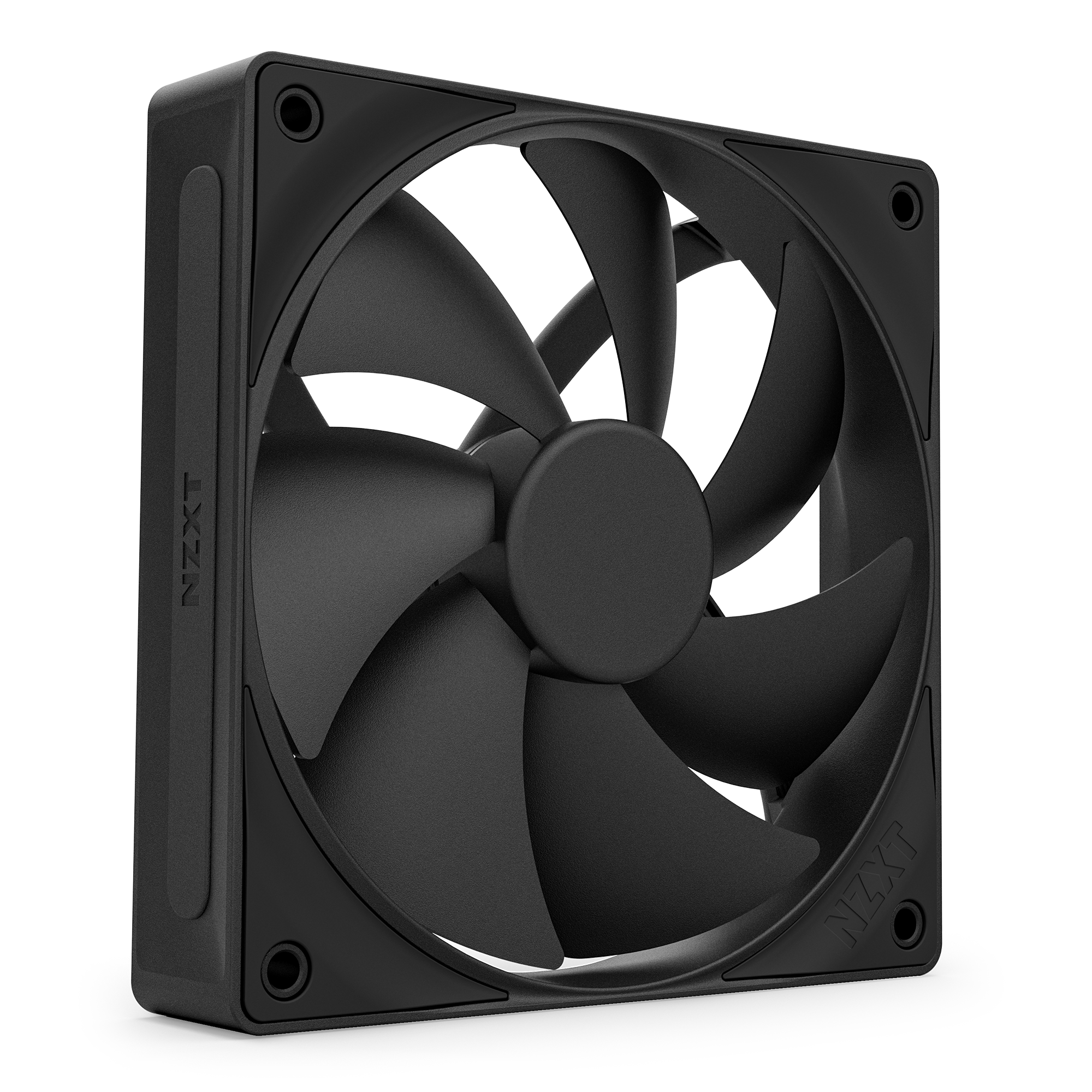 The NZXT F120P is a black computer cooling fan featuring a square frame with rounded edges, seven optimized blades, and corner mounting holes. It’s displayed from the front against a white background.