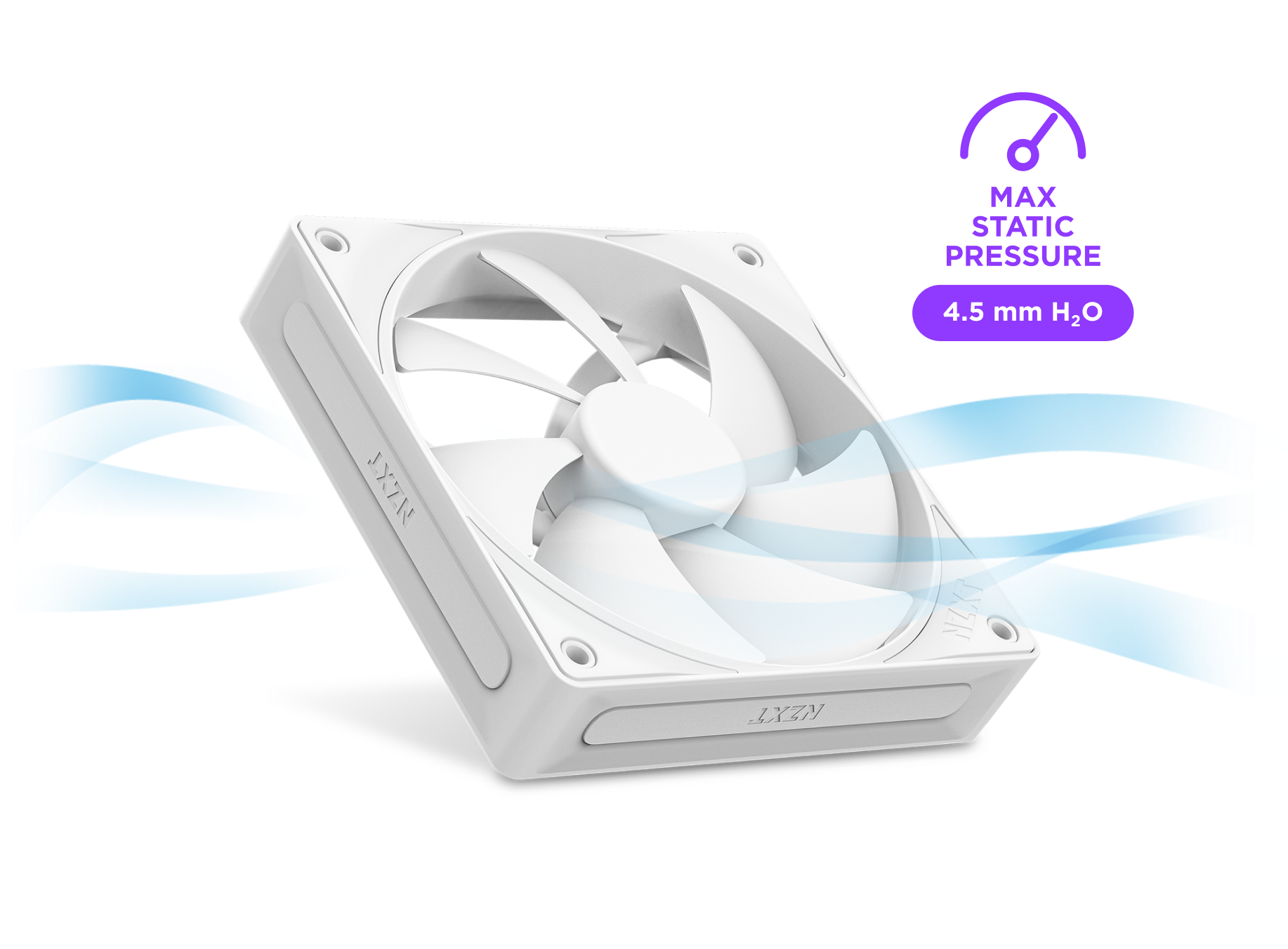 A white computer cooling fan is shown with swirling blue airflow graphics. A purple icon indicates “Max Static Pressure” and “4.5 mm H₂O.” The fan is branded with NZXT.