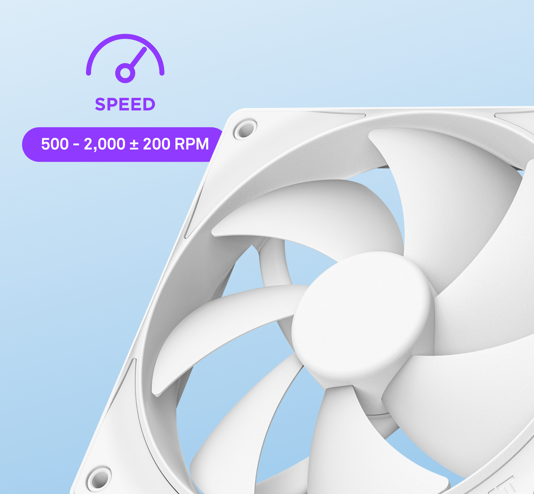 Close-up of a white cooling fan on a light blue background, with text above showing “SPEED” and “500 - 2,000 ± 200 RPM” in purple, and a speedometer icon above the text.